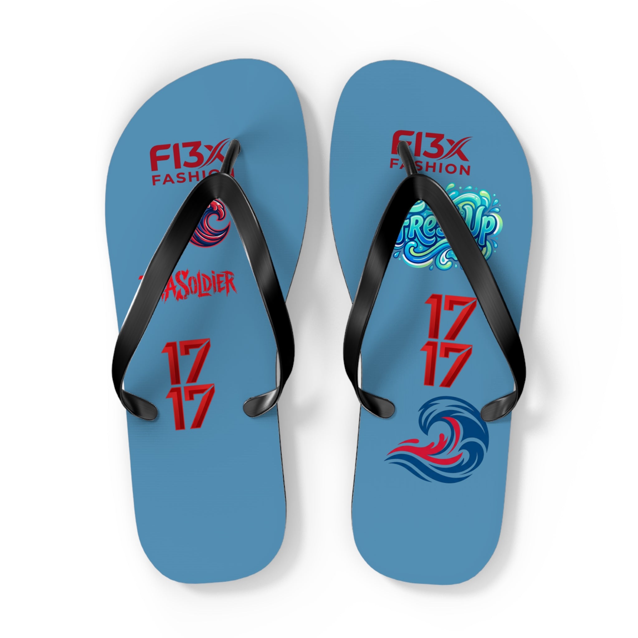 Blue Graphic Flip Flops – Surf Wave Design with '17 17' and Bold Logos