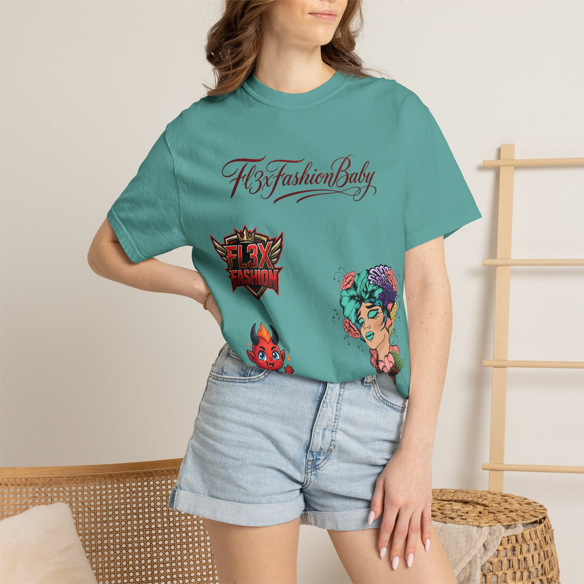Artistic Floral Portrait T-Shirt — 'Fl3xFashionBaby' Graphic Tee