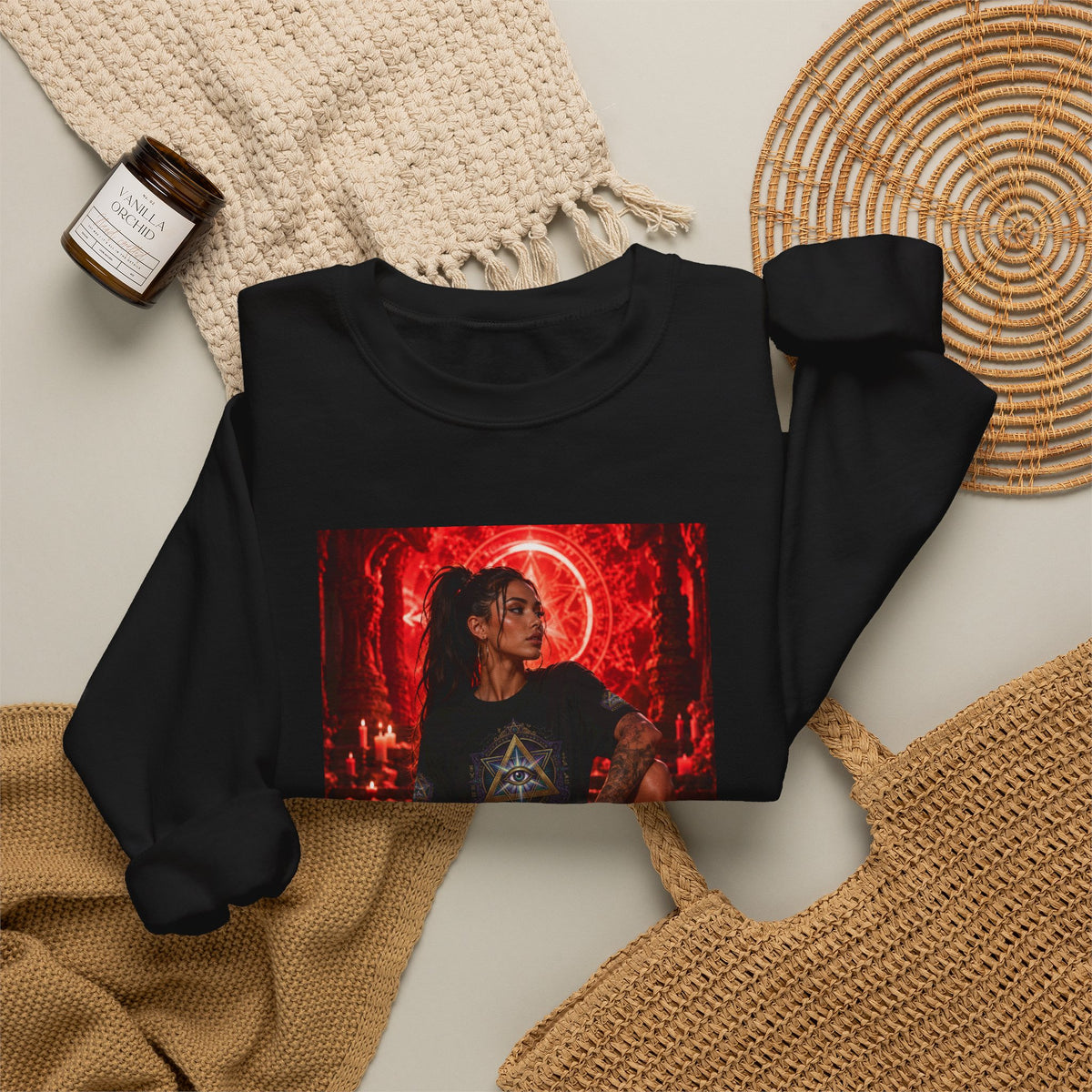 Crewneck Sweatshirt — Gothic Red Neon Angel Photo Print