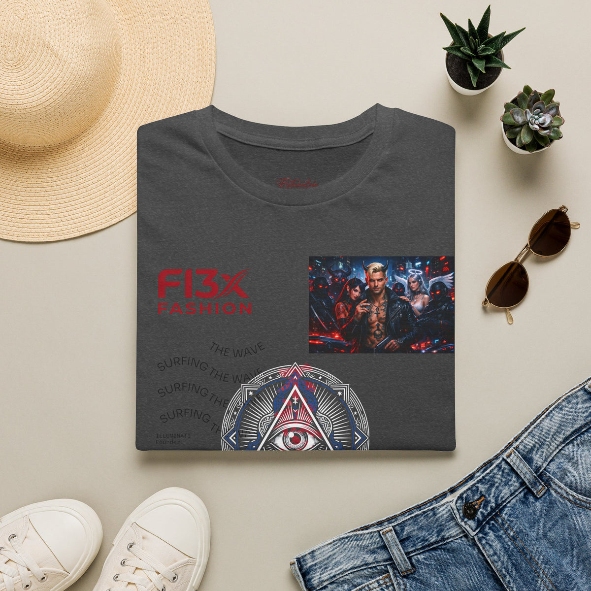 Graphic T-Shirt — F13X Fashion Collage Tee (Surfing Wave & Retro Crew)