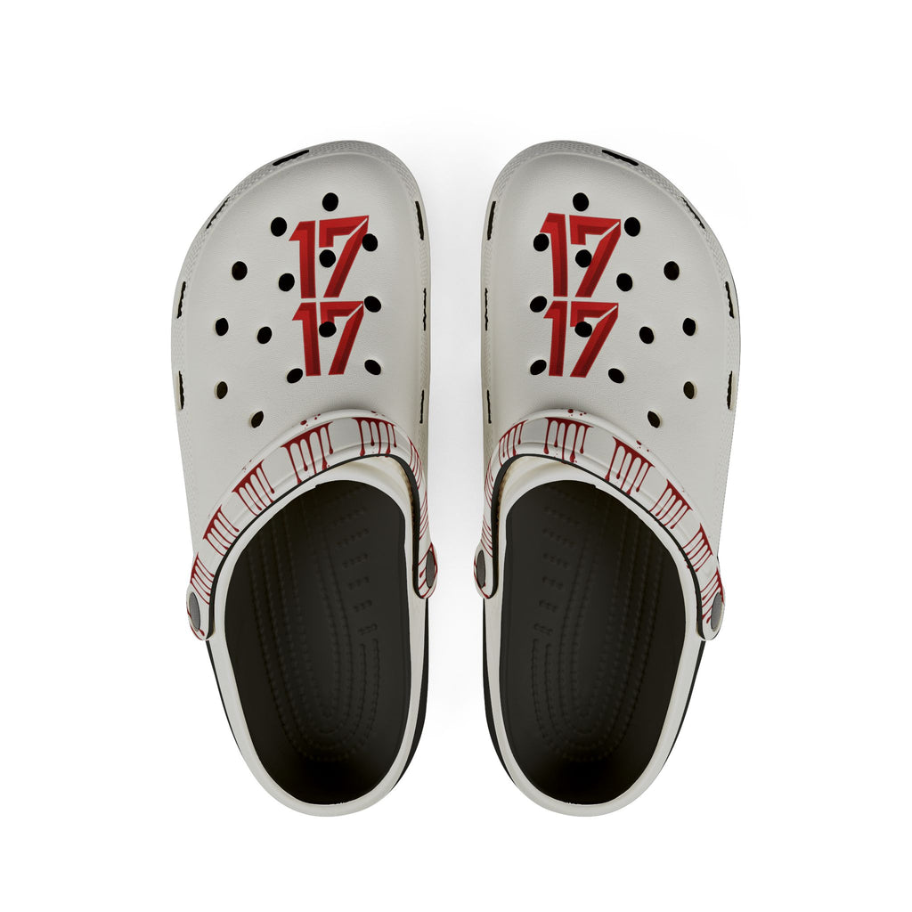 Rubber Clogs — White EVA Foam Shoes with Red '17' & Patterned Strap