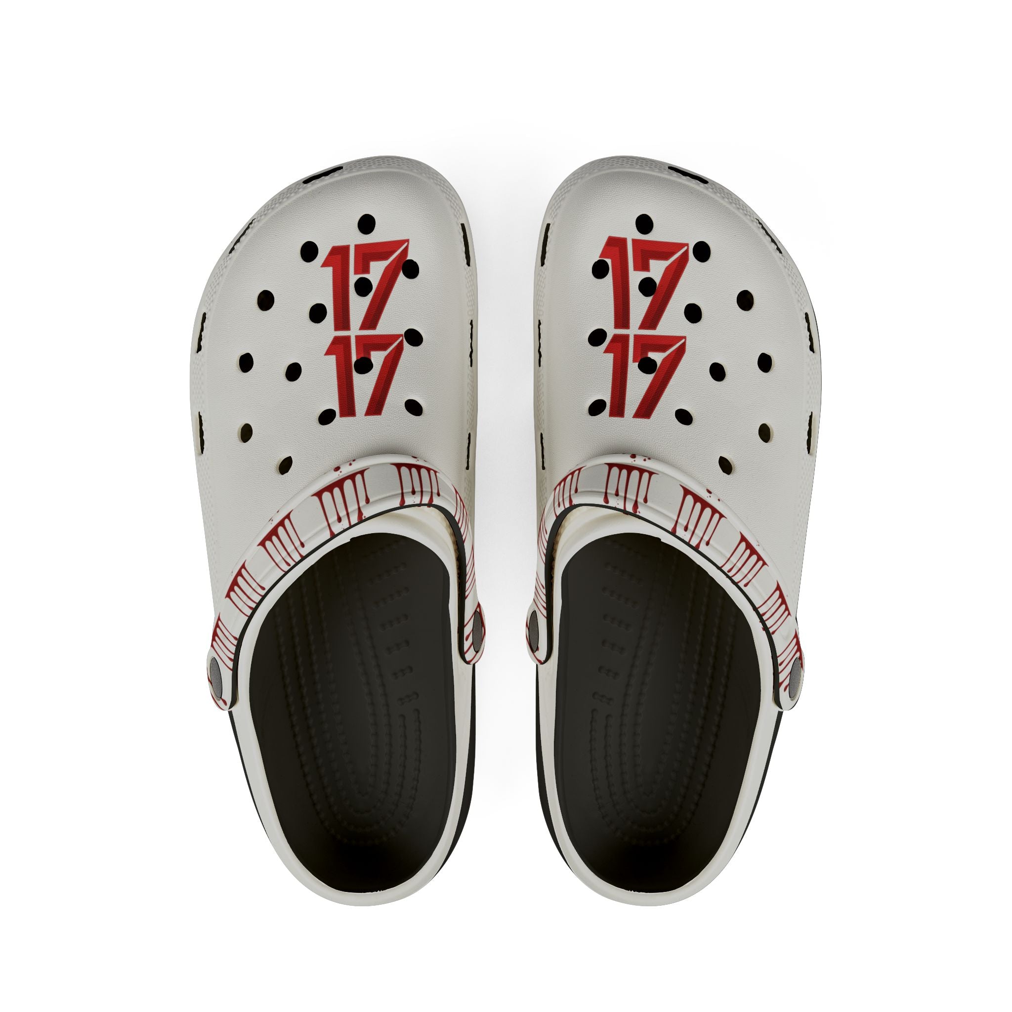 Rubber Clogs — White EVA Foam Shoes with Red '17' & Patterned Strap