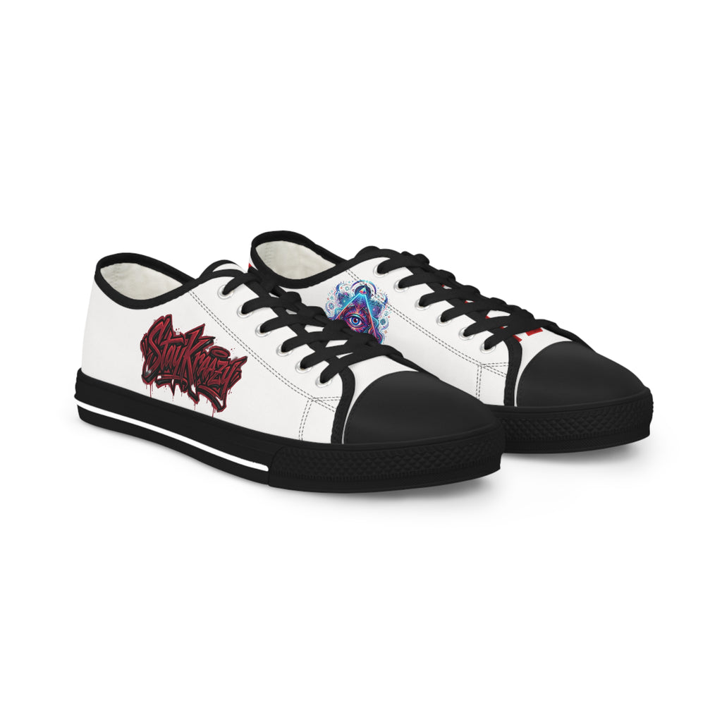 Low Top Sneakers — White Graffiti Heart & Colorful Skull Design