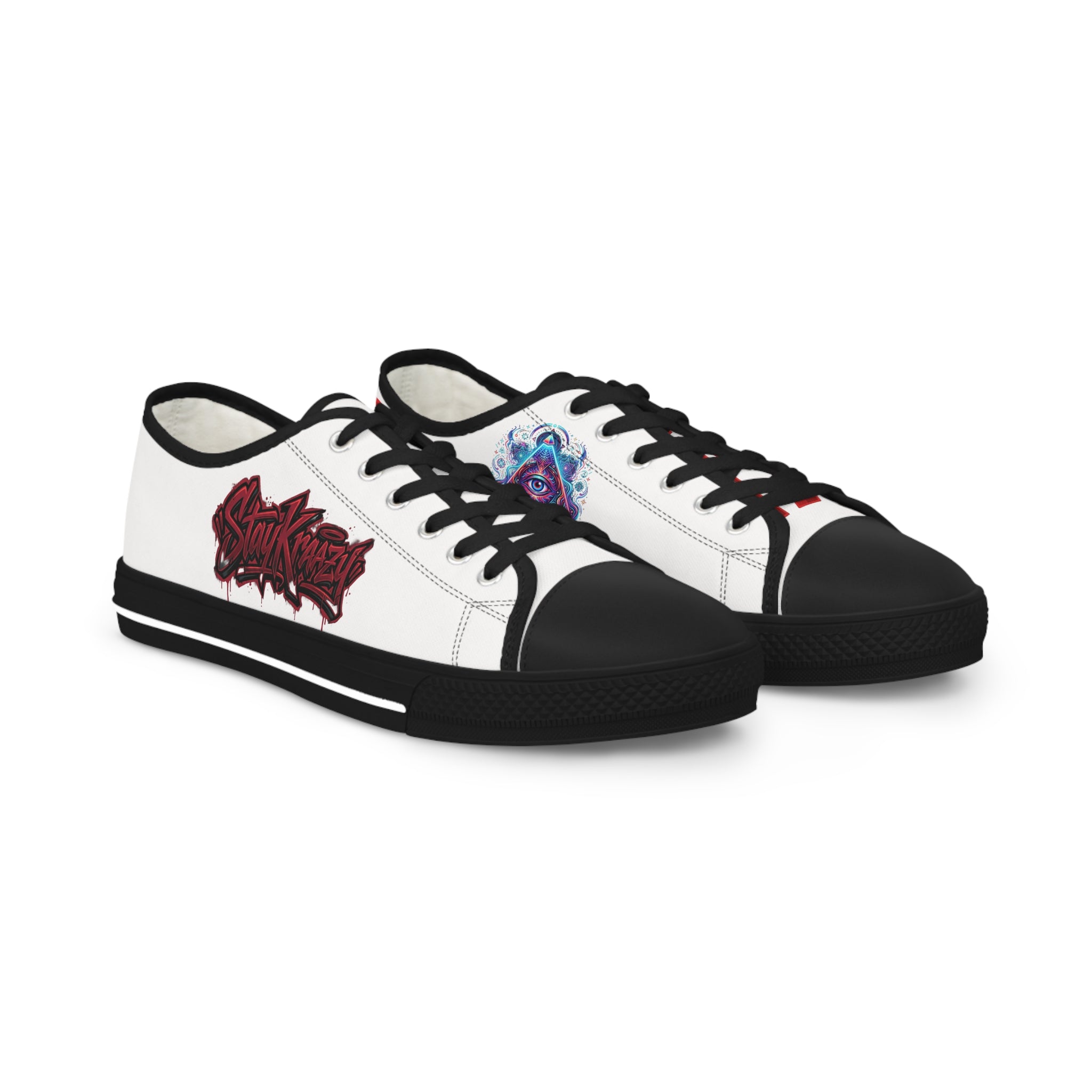 Low Top Sneakers — White Graffiti Heart & Colorful Skull Design