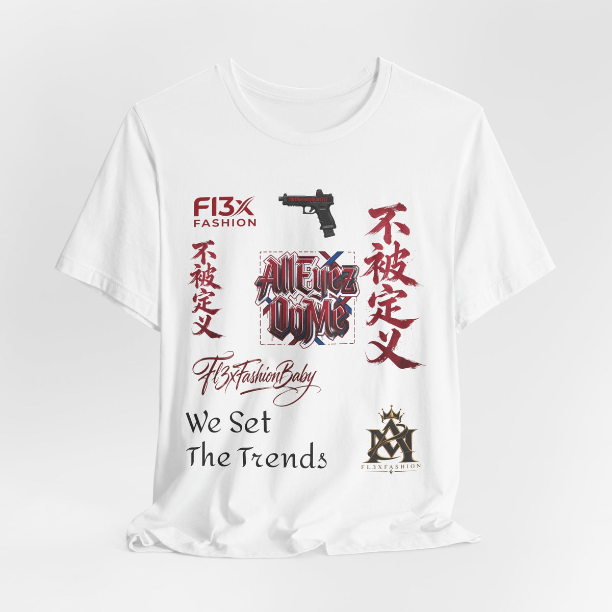 Graphic Tee — 'We Set The Trends' Streetwear T-Shirt with Asian Script & Gun Motifs