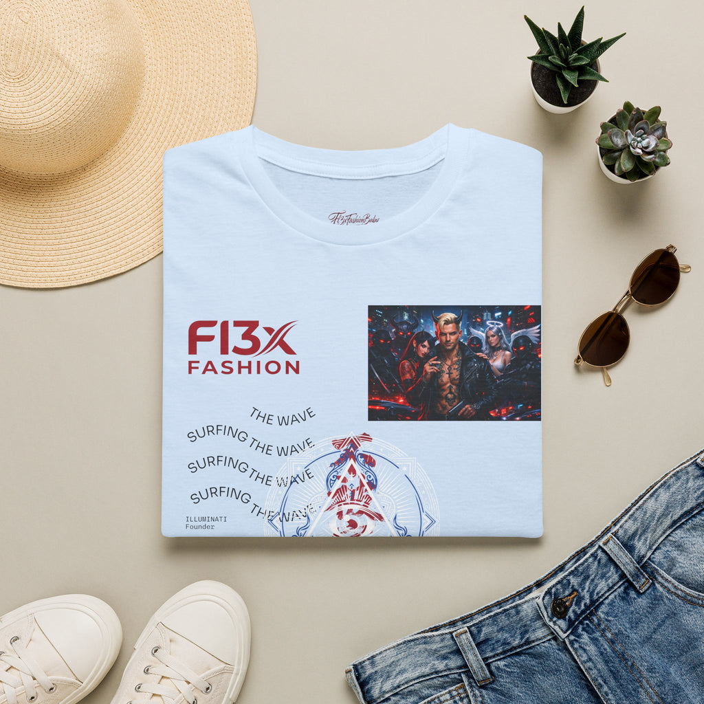 Graphic T-Shirt — F13X Fashion Collage Tee (Surfing Wave & Retro Crew)