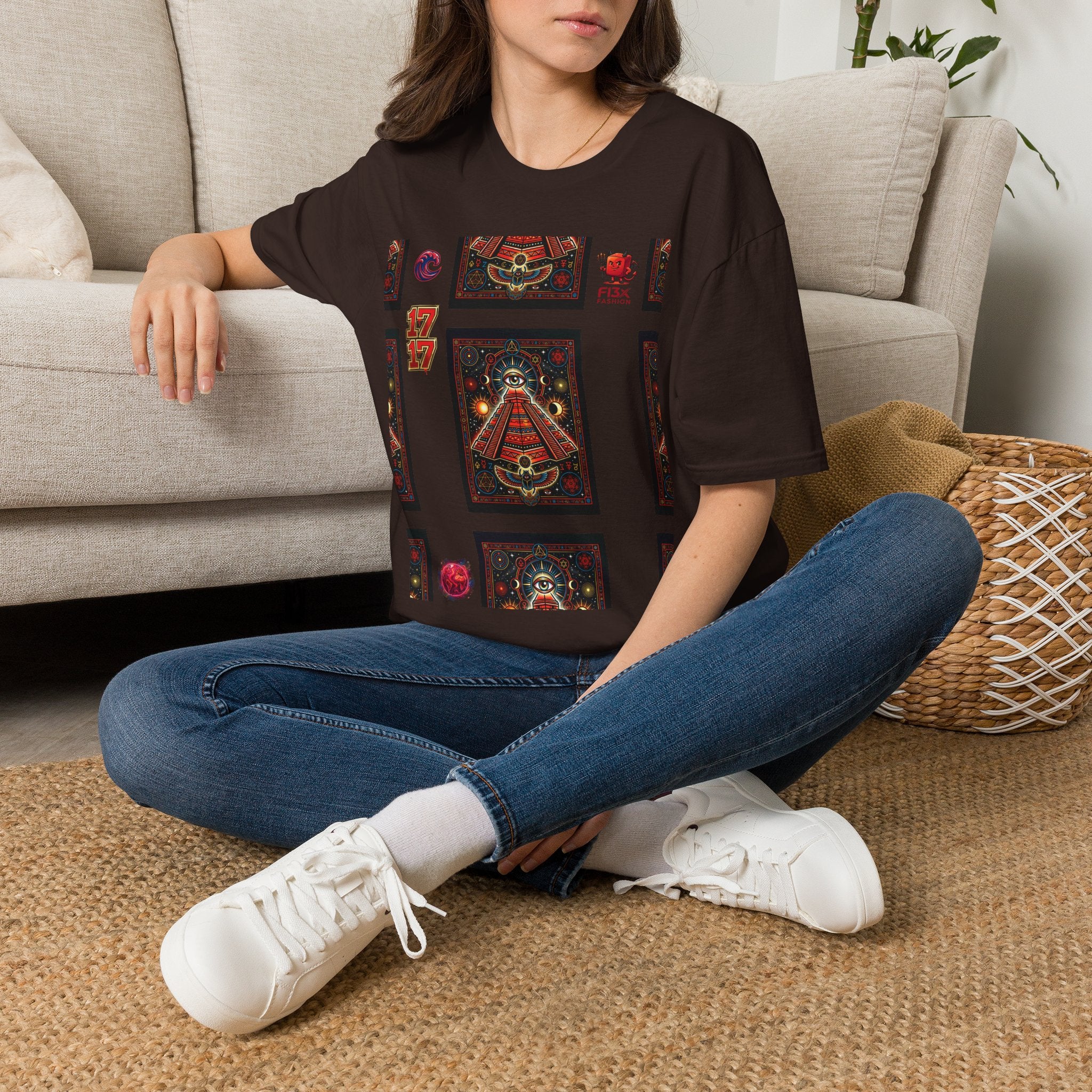 T-Shirt — Retro Cosmic Tarot Graphic with '17' Mystic Symbols