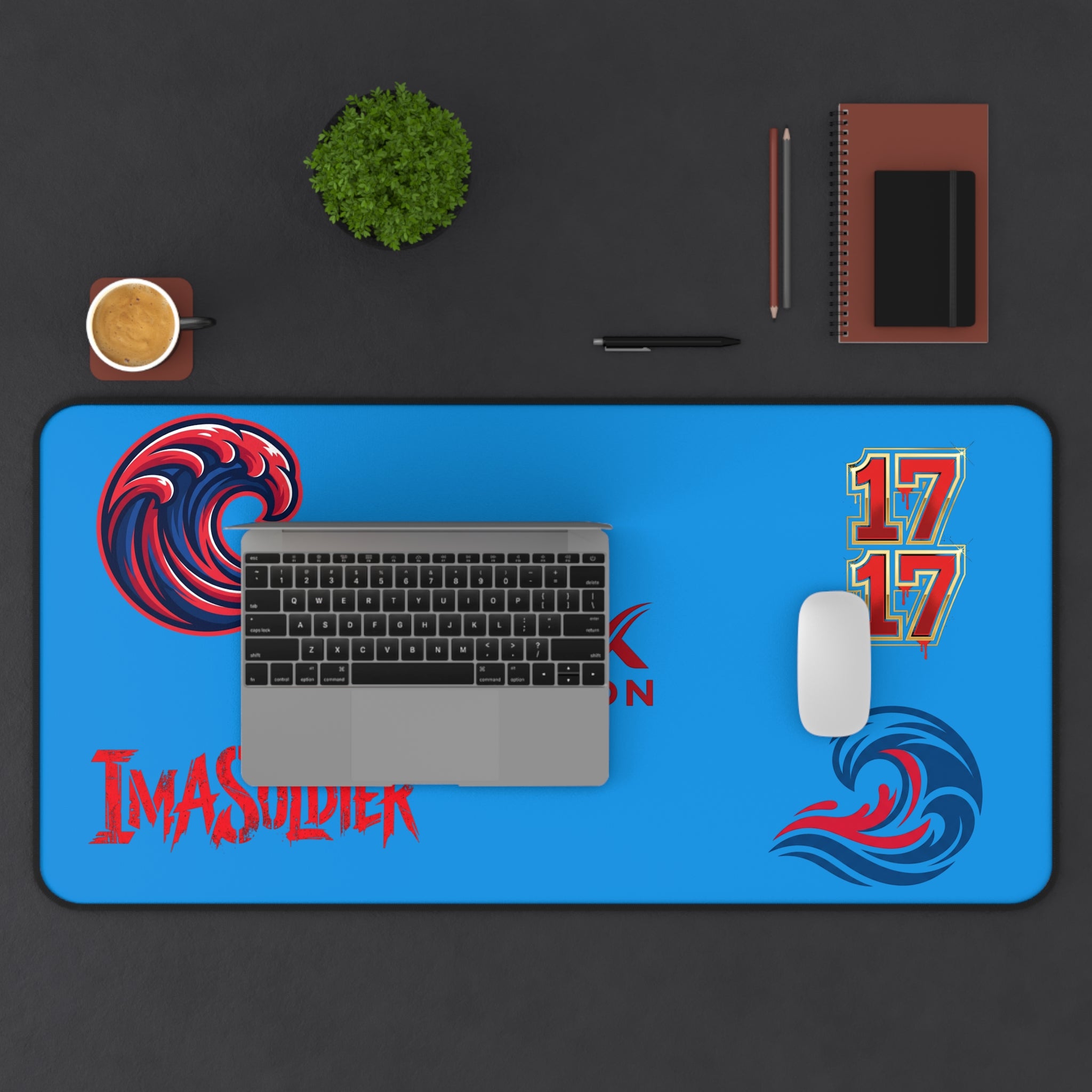 Blue Gamer Desk Mat — 'ImASoldier' & F13x Fashion Logo Mouse Pad