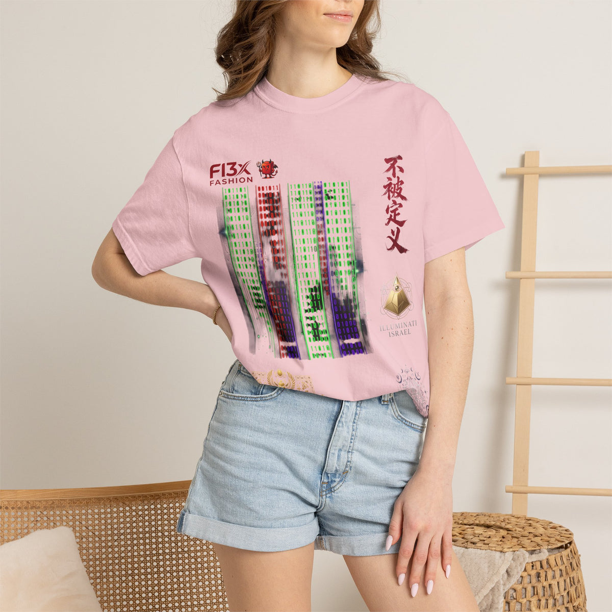 Graphic T-Shirt — Futuristic Cityscape Design with Japanese Calligraphy