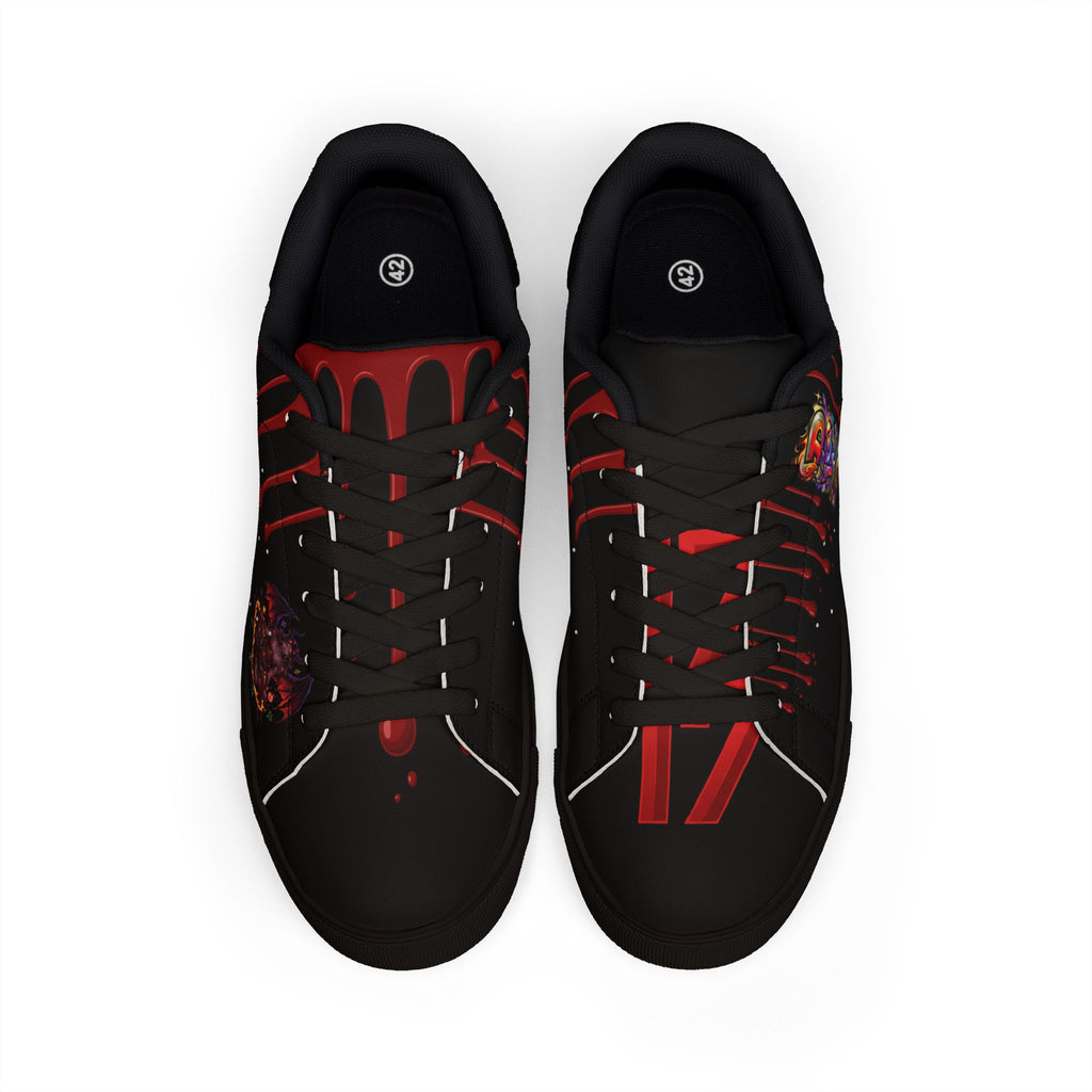 Low-Top Sneakers — Black Red Drip Graphic Leather Trainers