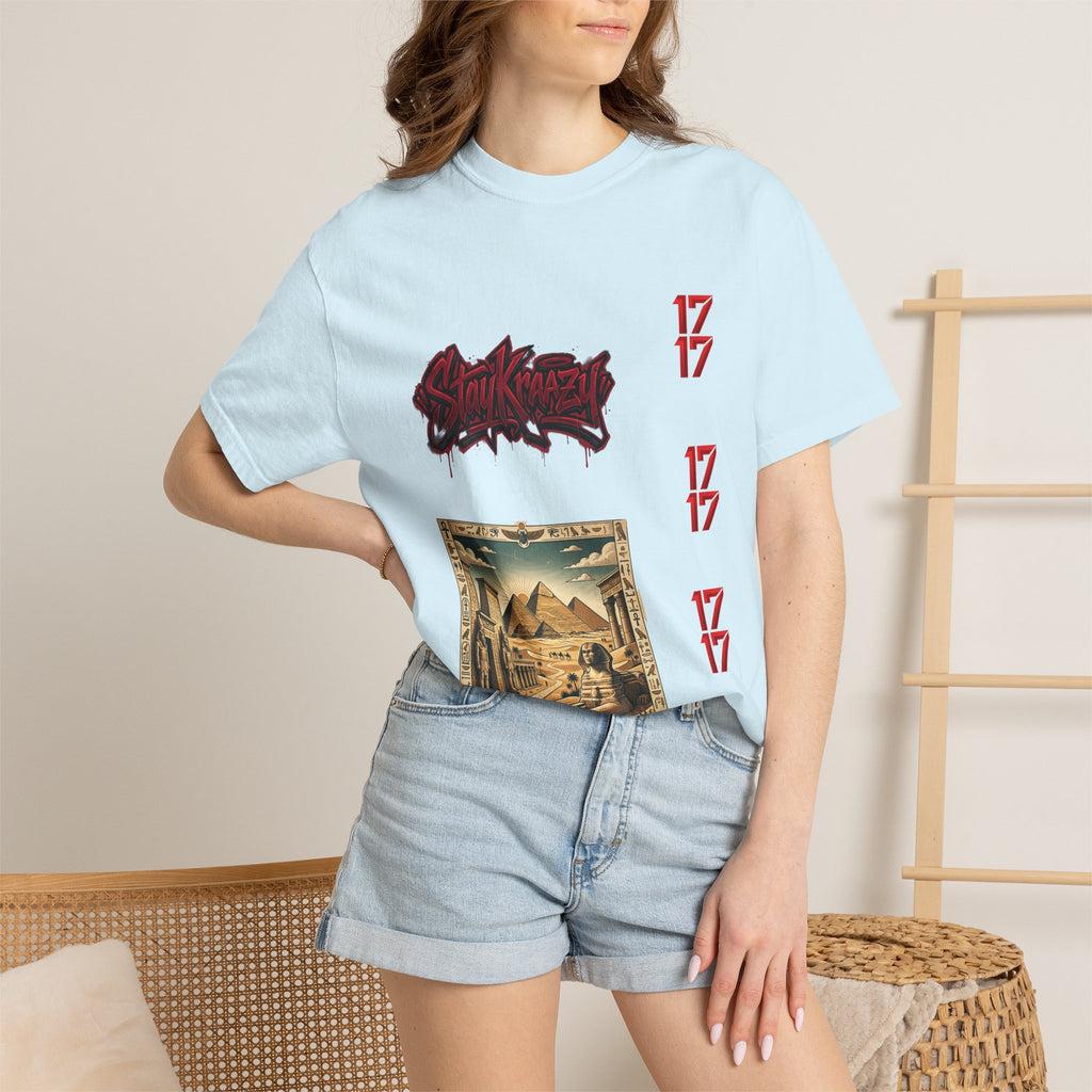 Graphic T-Shirt — Vintage Pyramid Collage with 'Wanted' Drip Design
