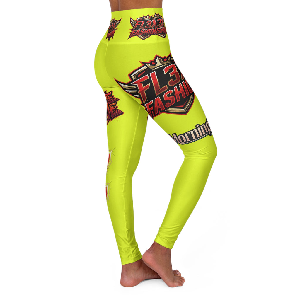Neon Comic Pop High-Waisted Yoga Leggings — Graphic 'Fly Fashion' AOP