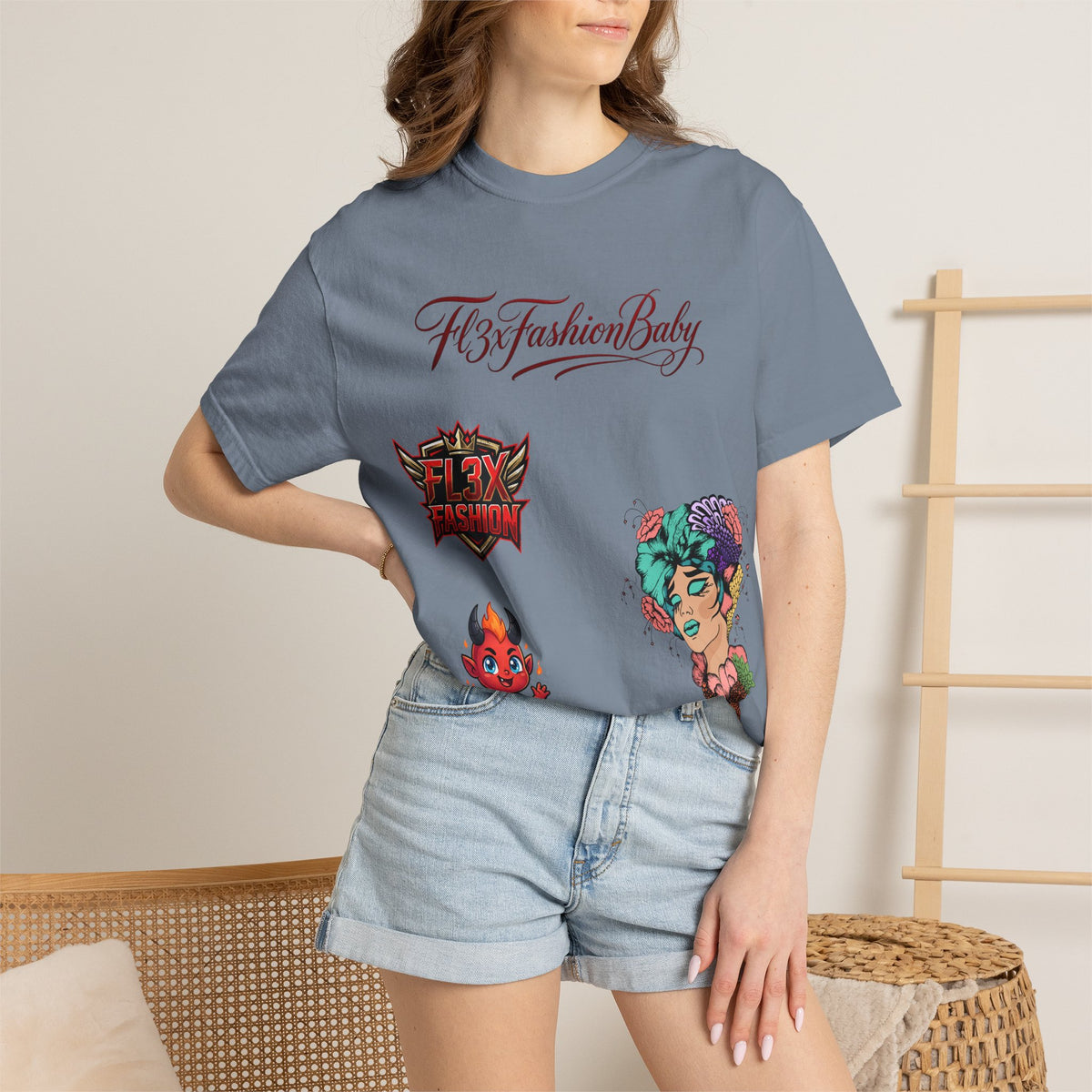 Artistic Floral Portrait T-Shirt — 'Fl3xFashionBaby' Graphic Tee