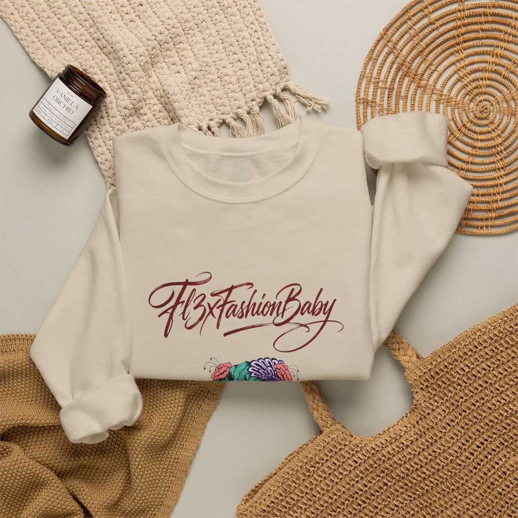 Crewneck Sweatshirt — Floral Femme Portrait “FitFashionBaby” Graphic