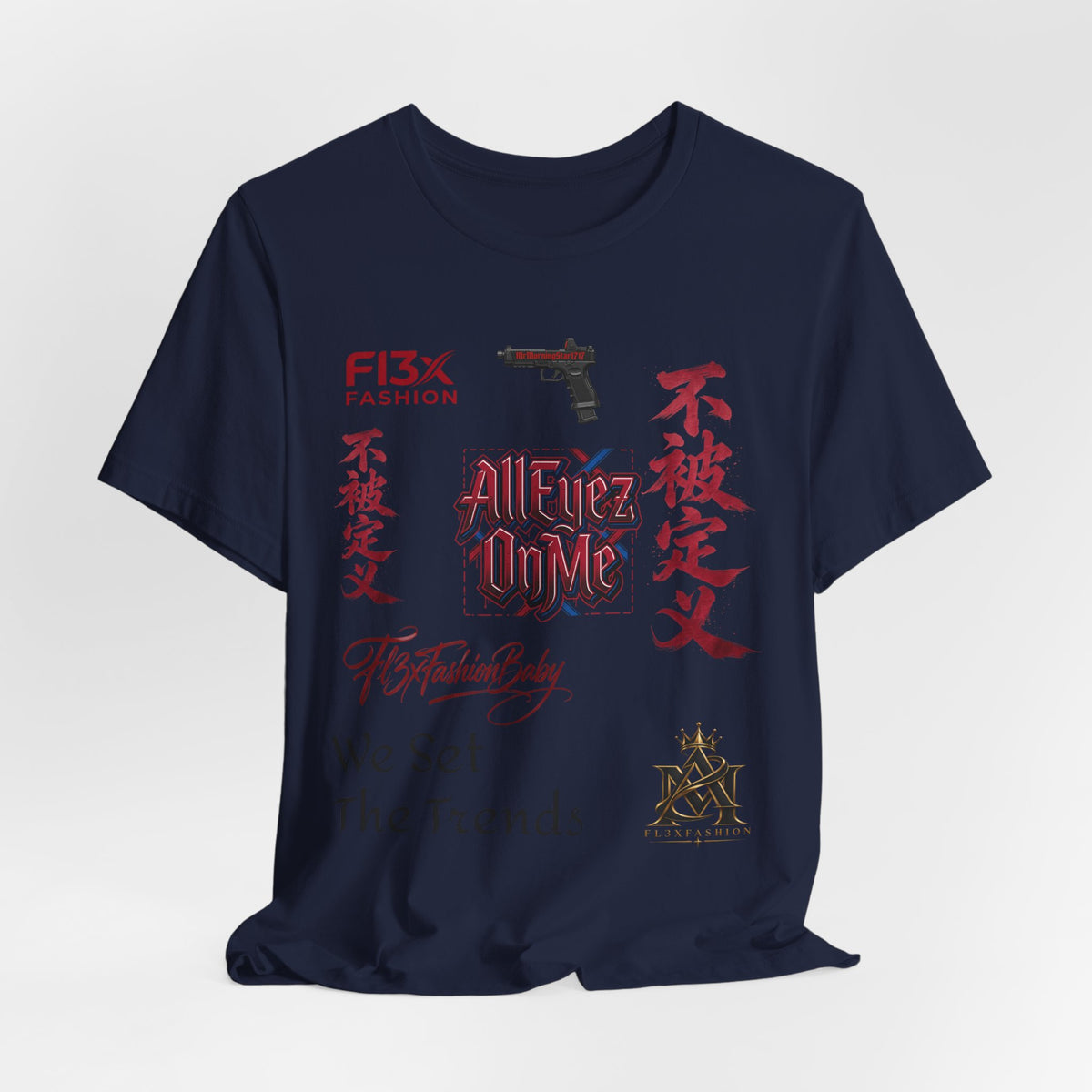 Graphic Tee — 'We Set The Trends' Streetwear T-Shirt with Asian Script & Gun Motifs