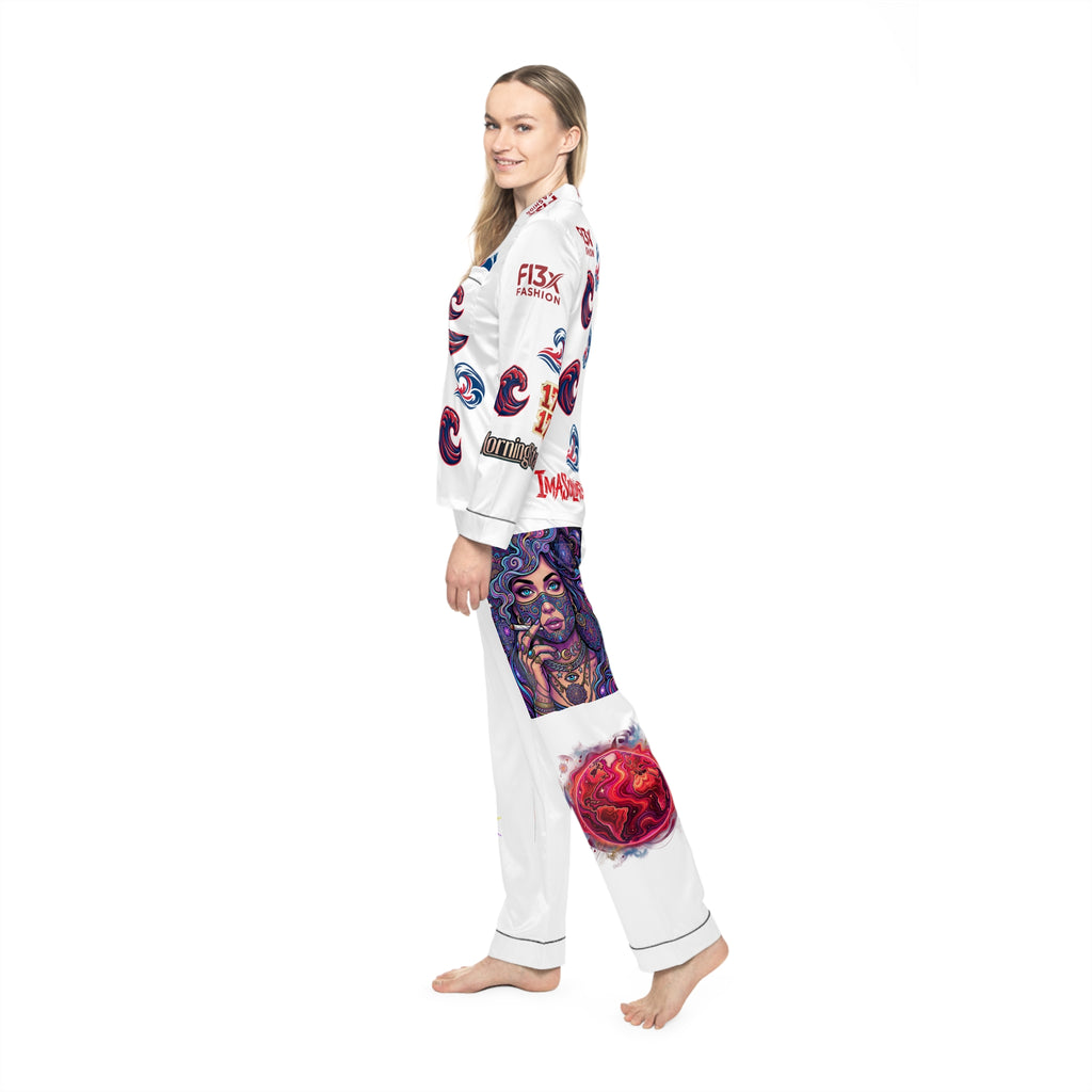 Graphic Satin Pajama Set — White All‑Over Print Loungewear