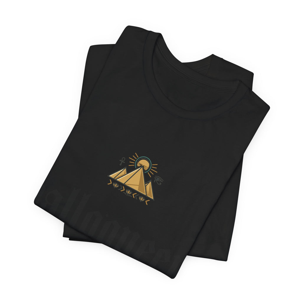 Halloqueen Graphic Tee — Gothic Script Halloween T‑Shirt with Pyramid & Asian Calligraphy