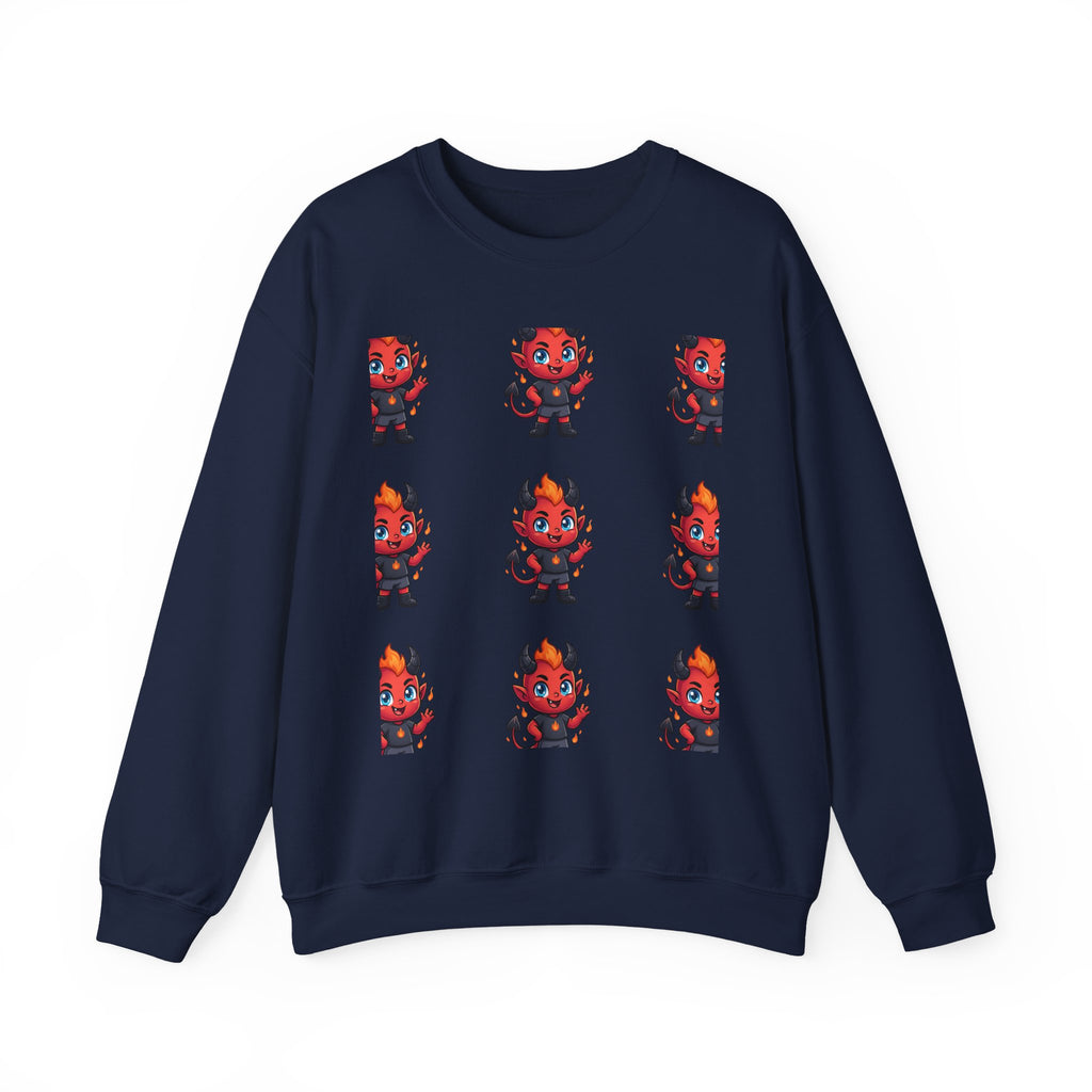 Cute Devil Character Grid Sweatshirt — Cartoon Demon Pattern Crewneck