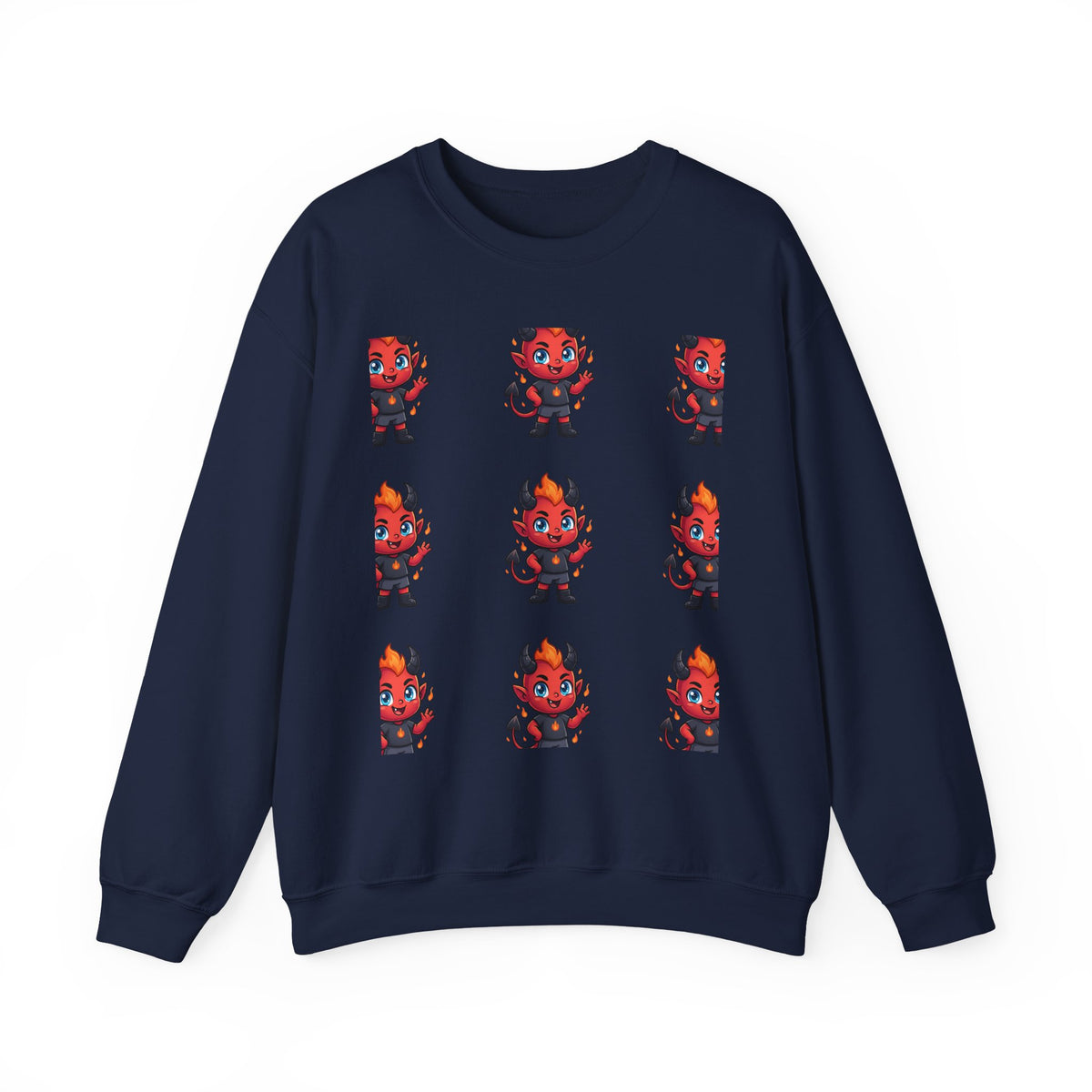 Cute Devil Character Grid Sweatshirt — Cartoon Demon Pattern Crewneck