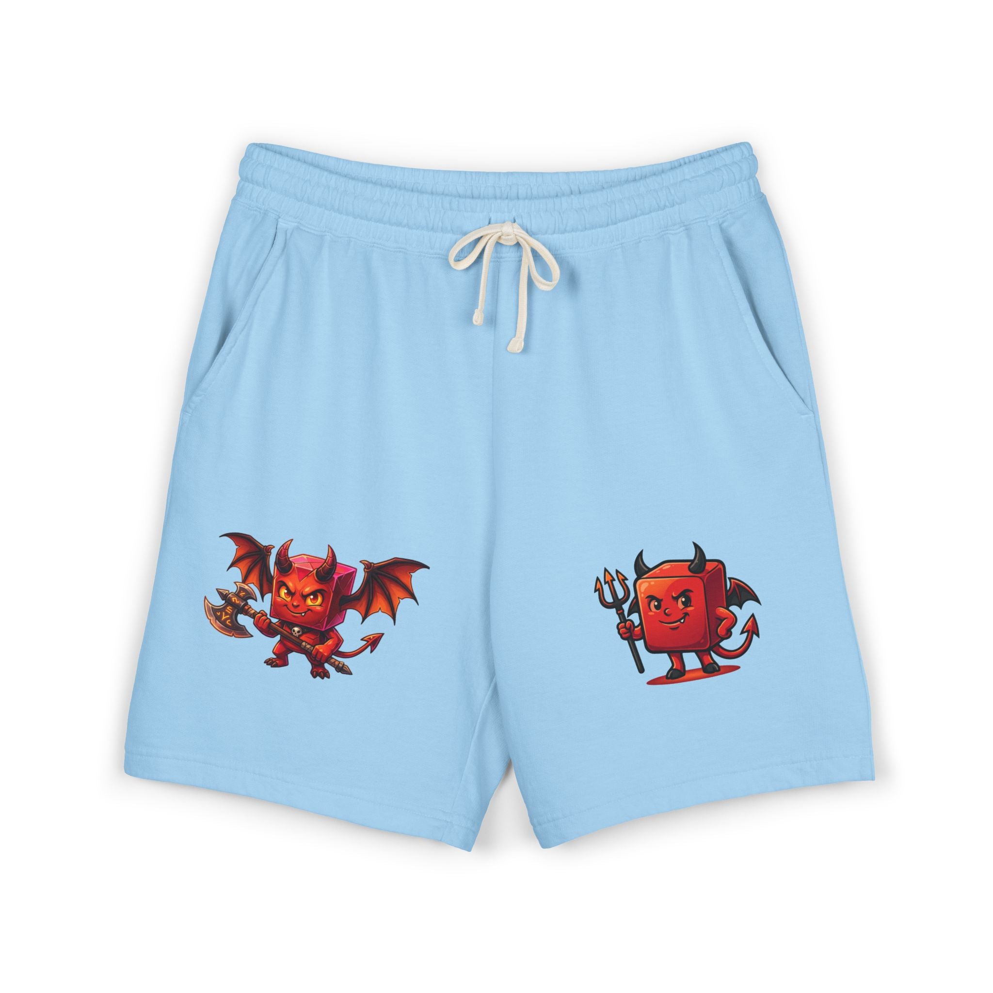 Devil Doodle Fleece Sweat Shorts — Cute Red Demon Graphic Lounge Shorts