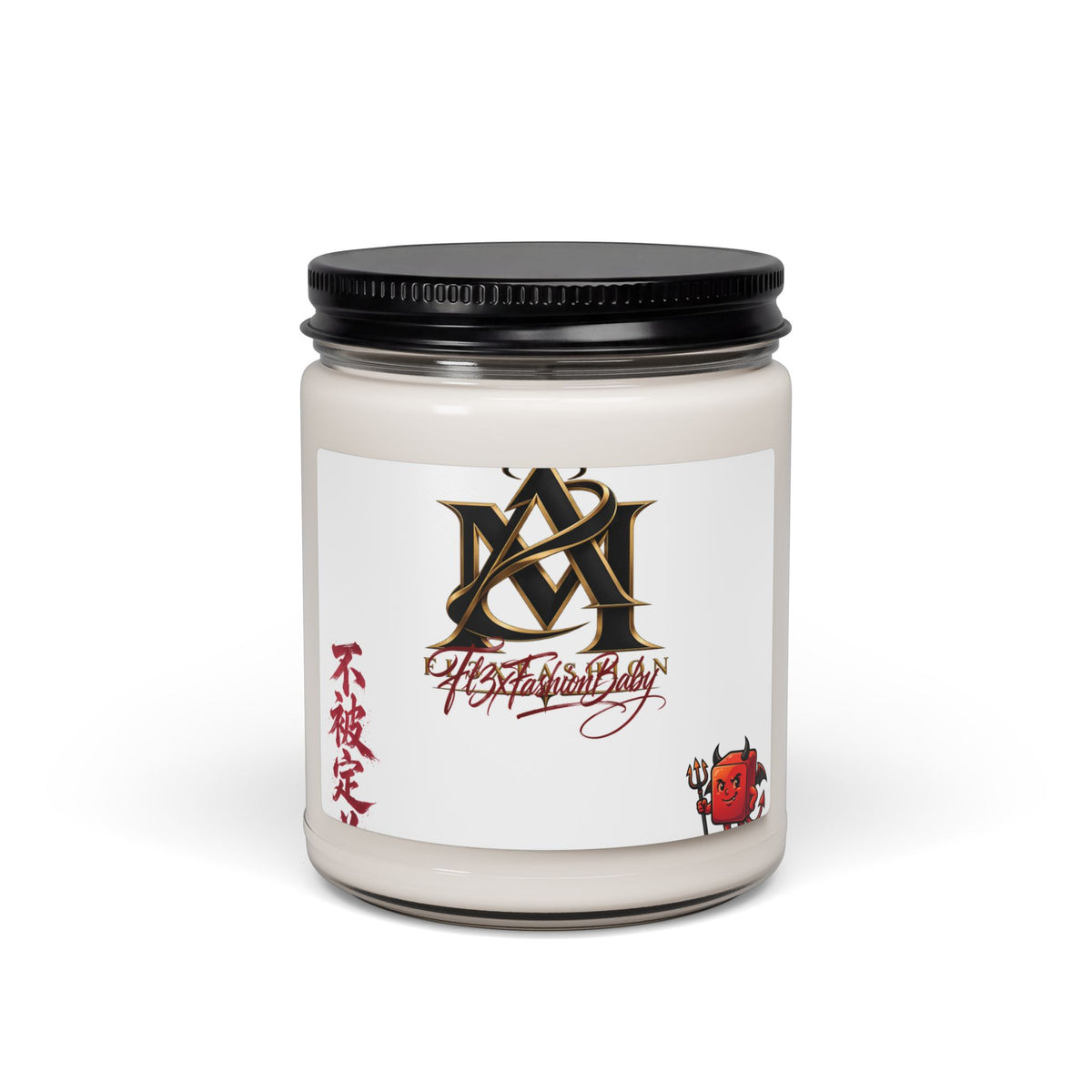 Scented Soy Candle — 9oz Aromatherapy Jar with Asian Calligraphy & Red Daruma Design