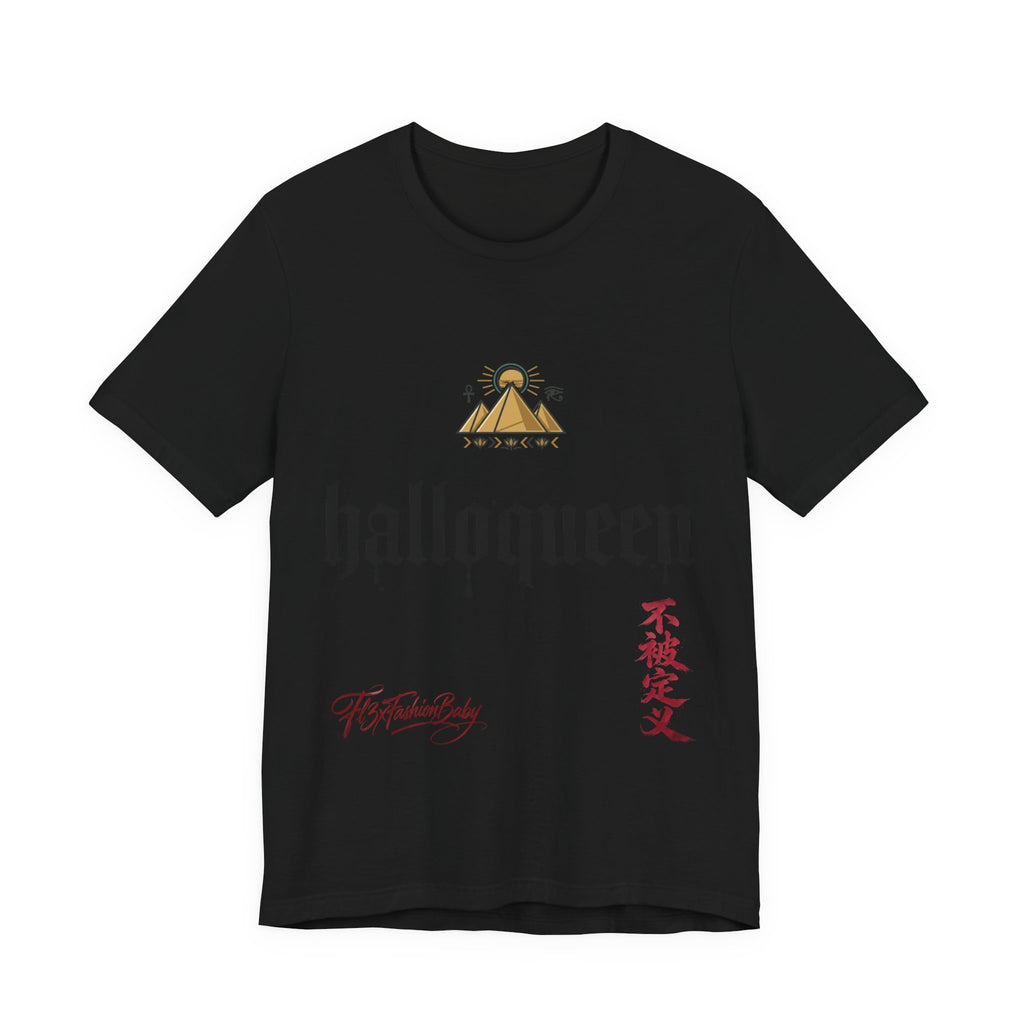 Halloqueen Graphic Tee — Gothic Script Halloween T‑Shirt with Pyramid & Asian Calligraphy
