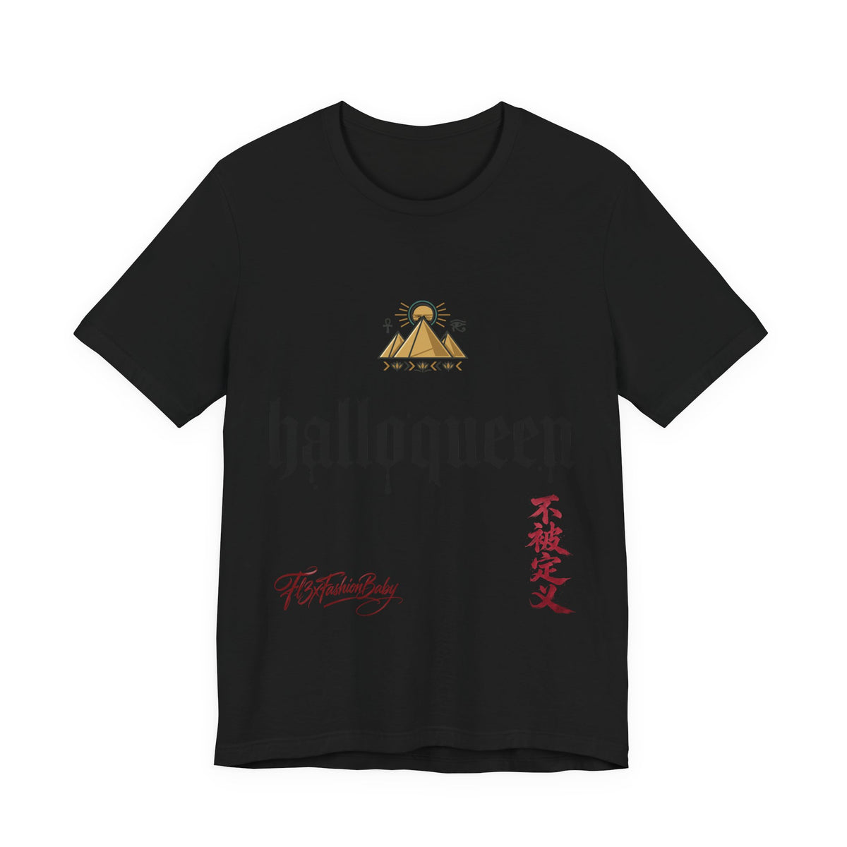 Halloqueen Graphic Tee — Gothic Script Halloween T‑Shirt with Pyramid & Asian Calligraphy