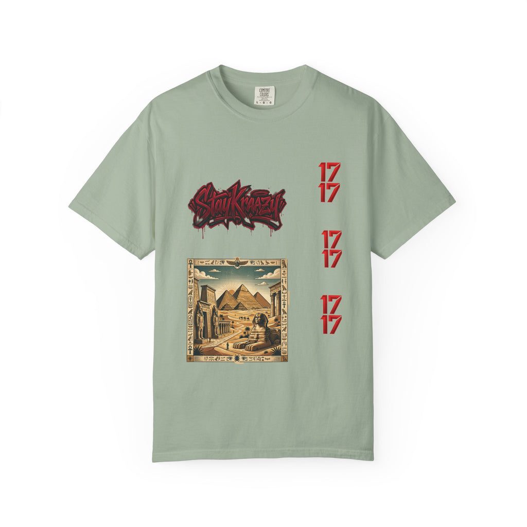 Graphic T-Shirt — Vintage Pyramid Collage with 'Wanted' Drip Design
