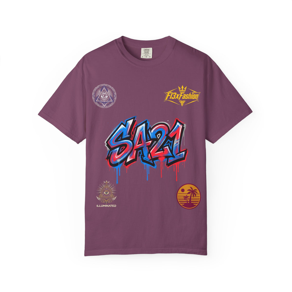 SA21 Graffiti T-Shirt — Urban Streetwear Tee with Drip Art & Tropical Patch