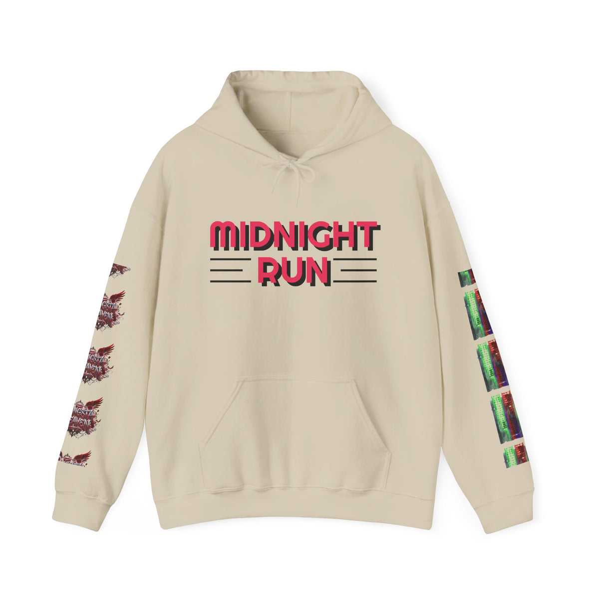 Midnight Run Hoodie — Graphic Streetwear Pullover with Sleeve Prints