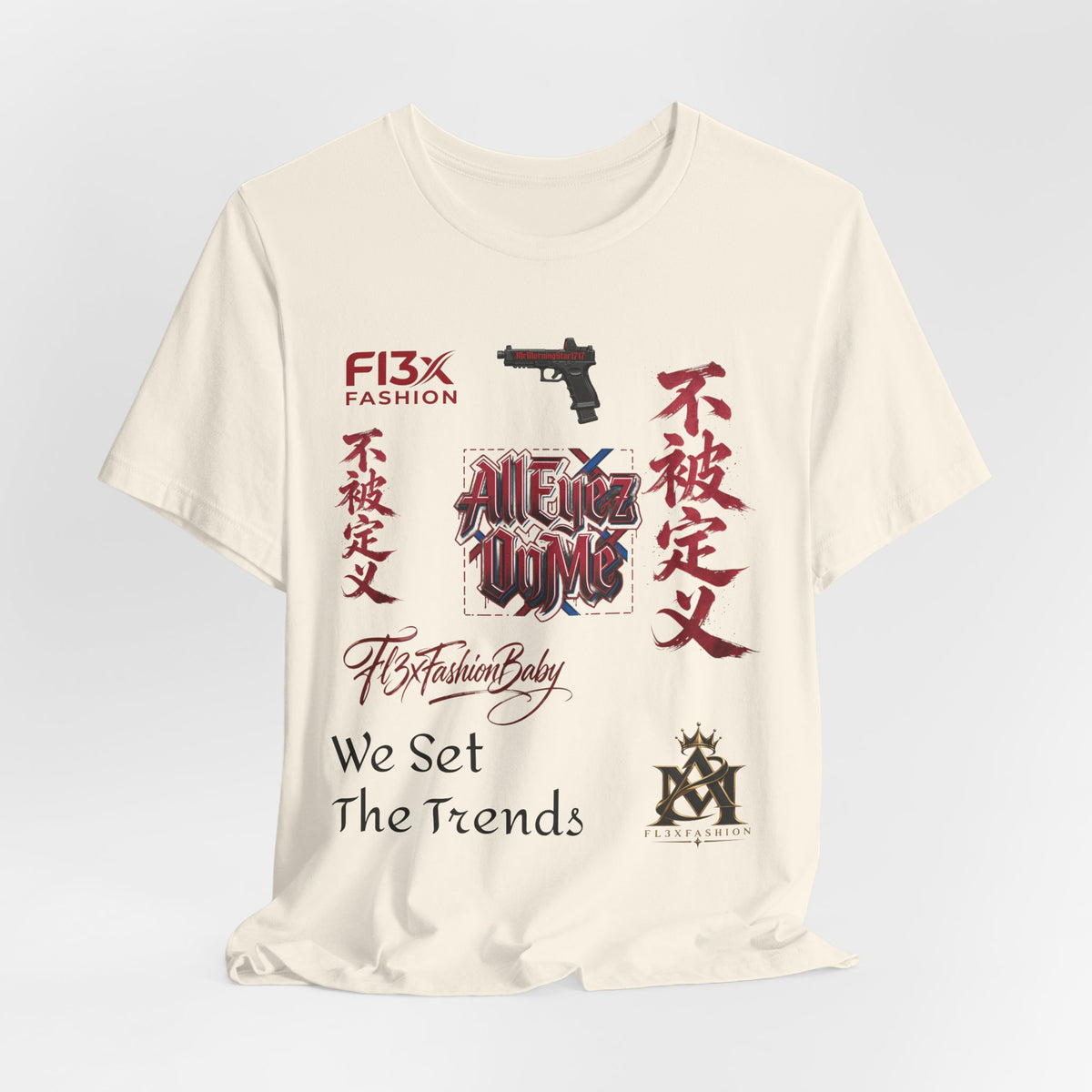 Graphic Tee — 'We Set The Trends' Streetwear T-Shirt with Asian Script & Gun Motifs