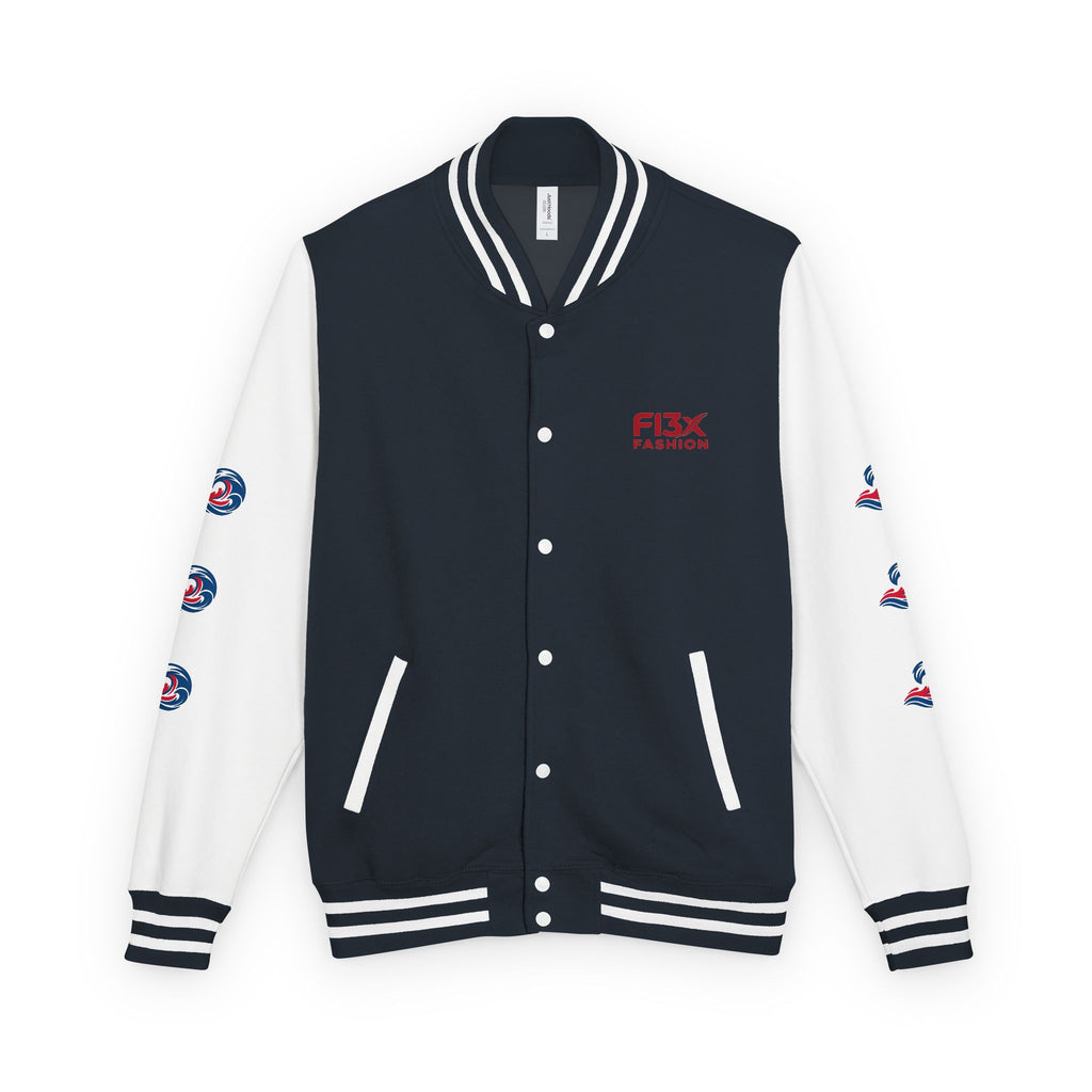 Letterman Jacket — Red Wave Graphic Varsity Jacket with 'F13X Fashion' Logo