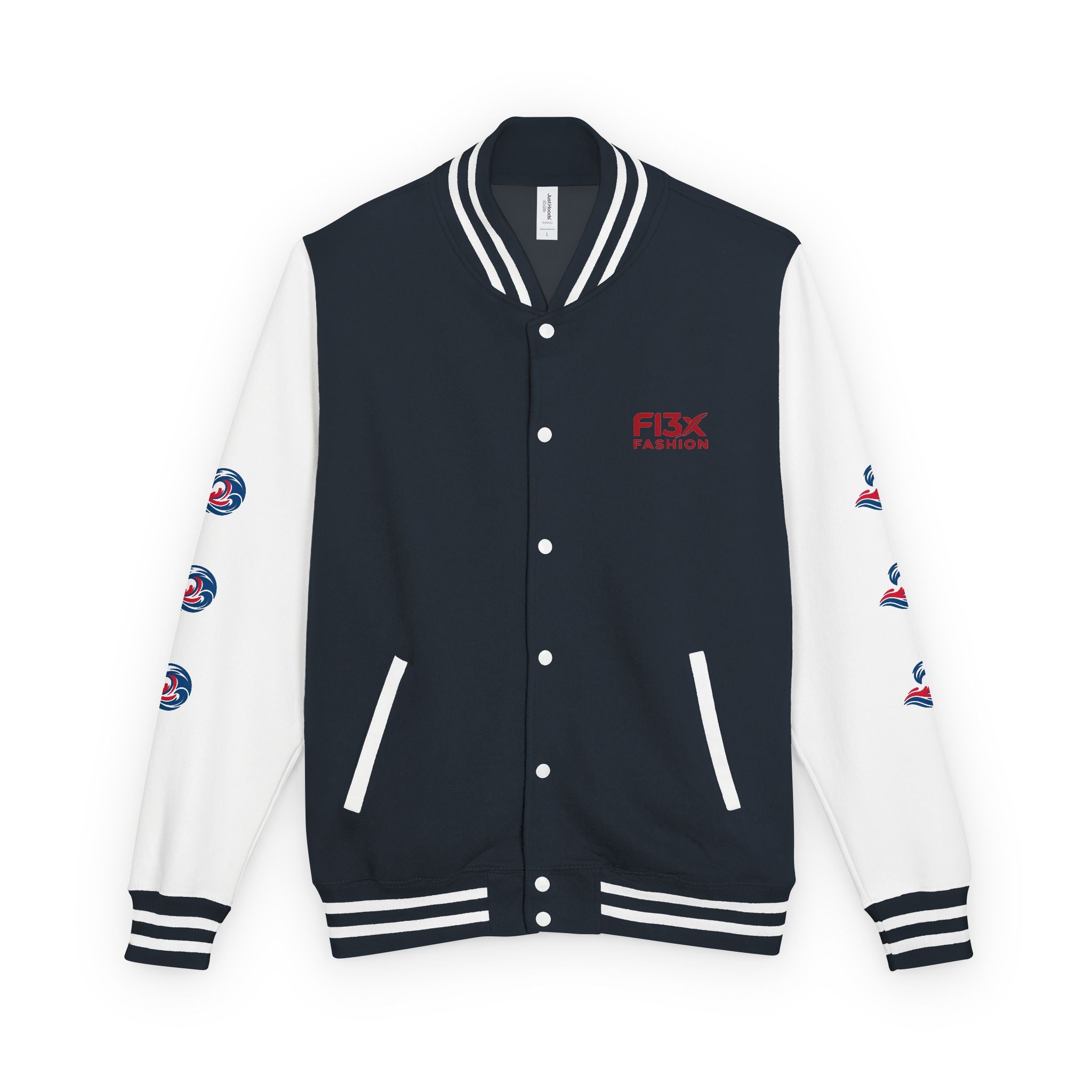 Letterman Jacket — Red Wave Graphic Varsity Jacket with 'F13X Fashion' Logo