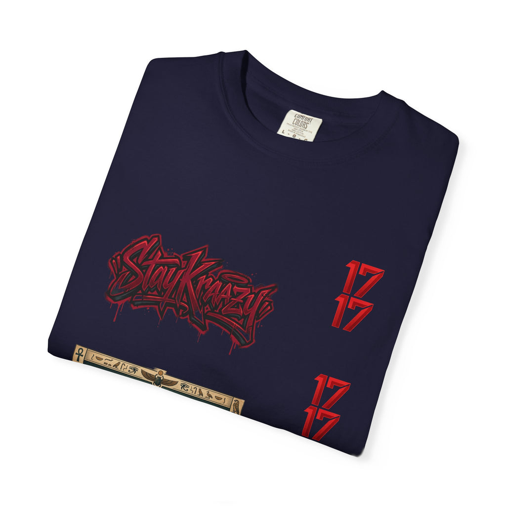 Graphic T-Shirt — Vintage Pyramid Collage with 'Wanted' Drip Design