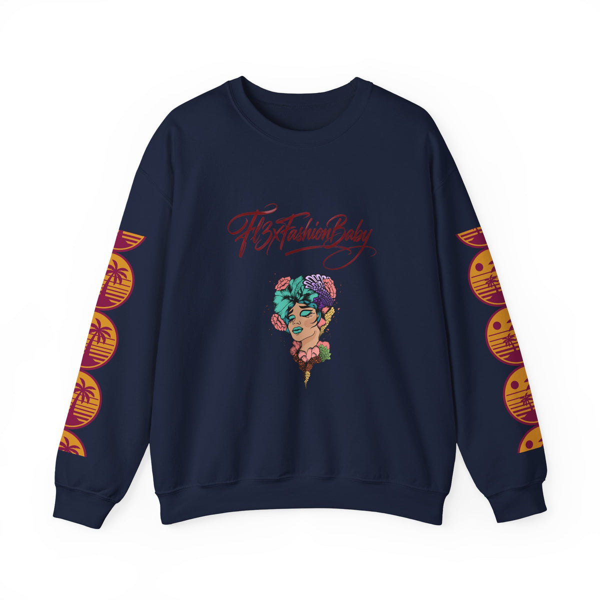Crewneck Sweatshirt — Floral Femme Portrait “FitFashionBaby” Graphic
