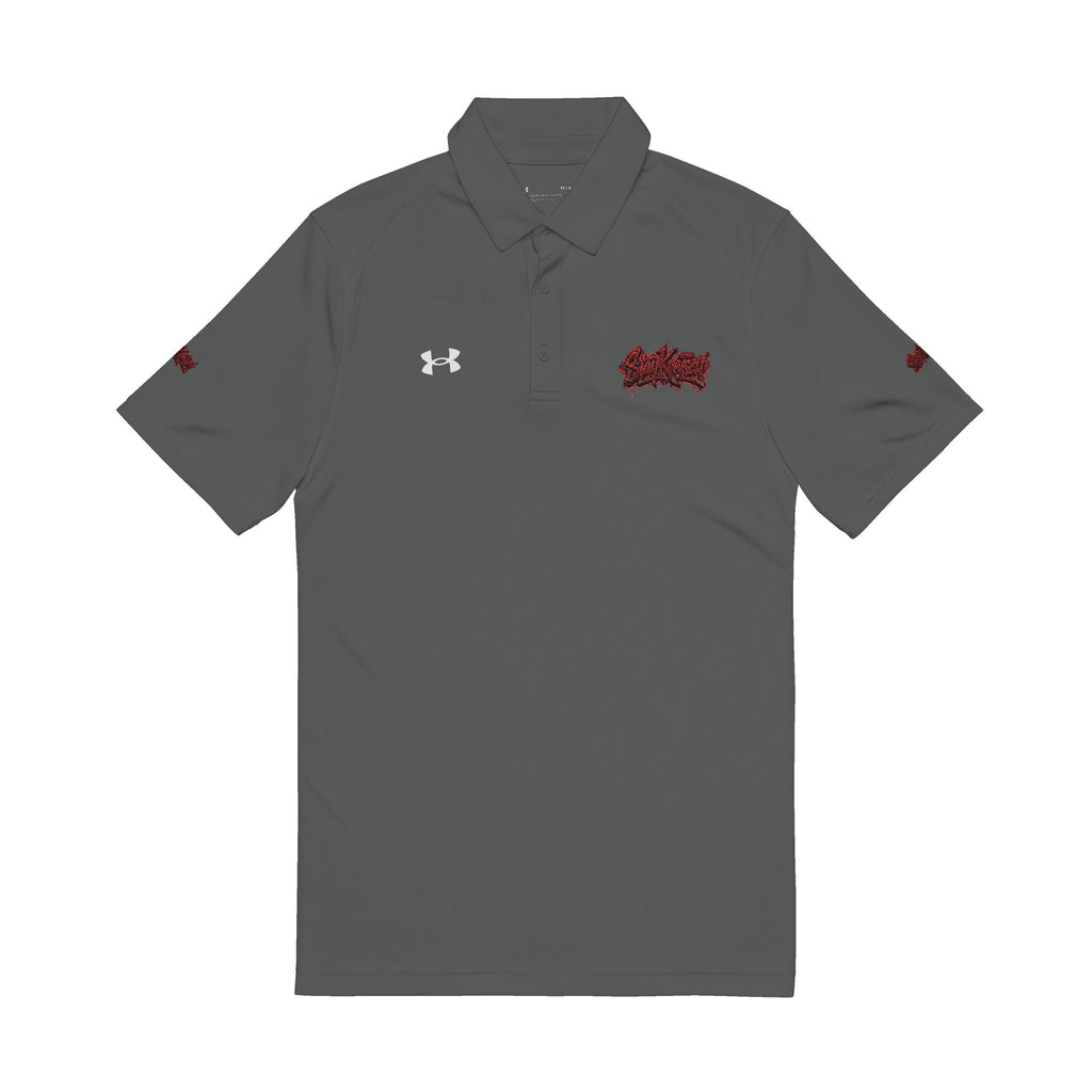 Embroidered Men’s Performance Polo — White with Red Script Logo