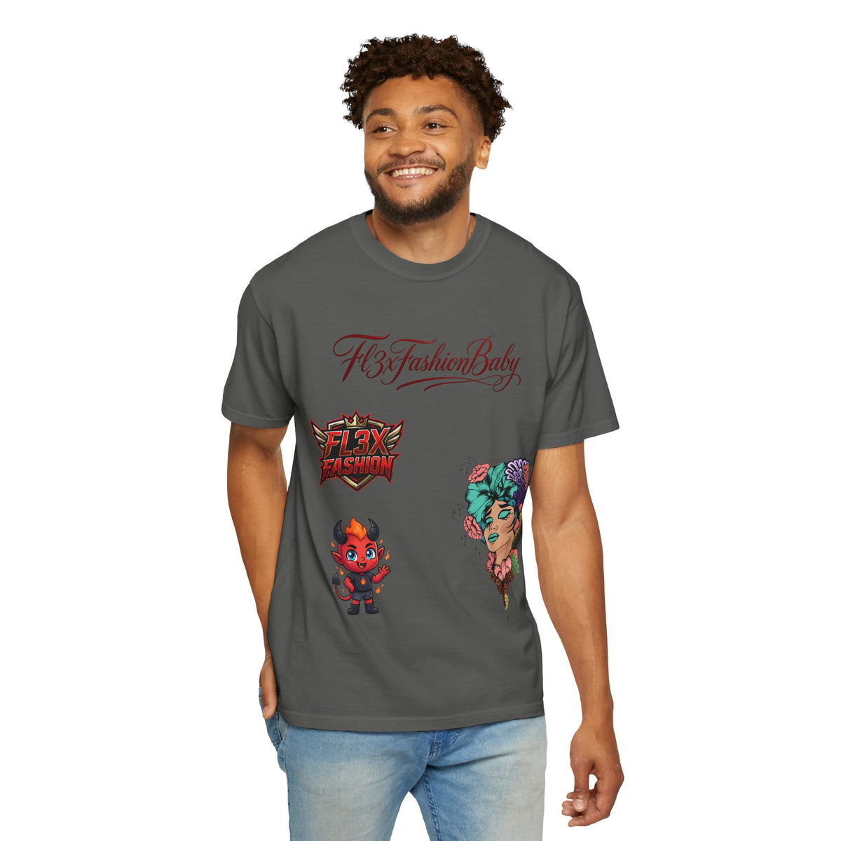 Artistic Floral Portrait T-Shirt — 'Fl3xFashionBaby' Graphic Tee