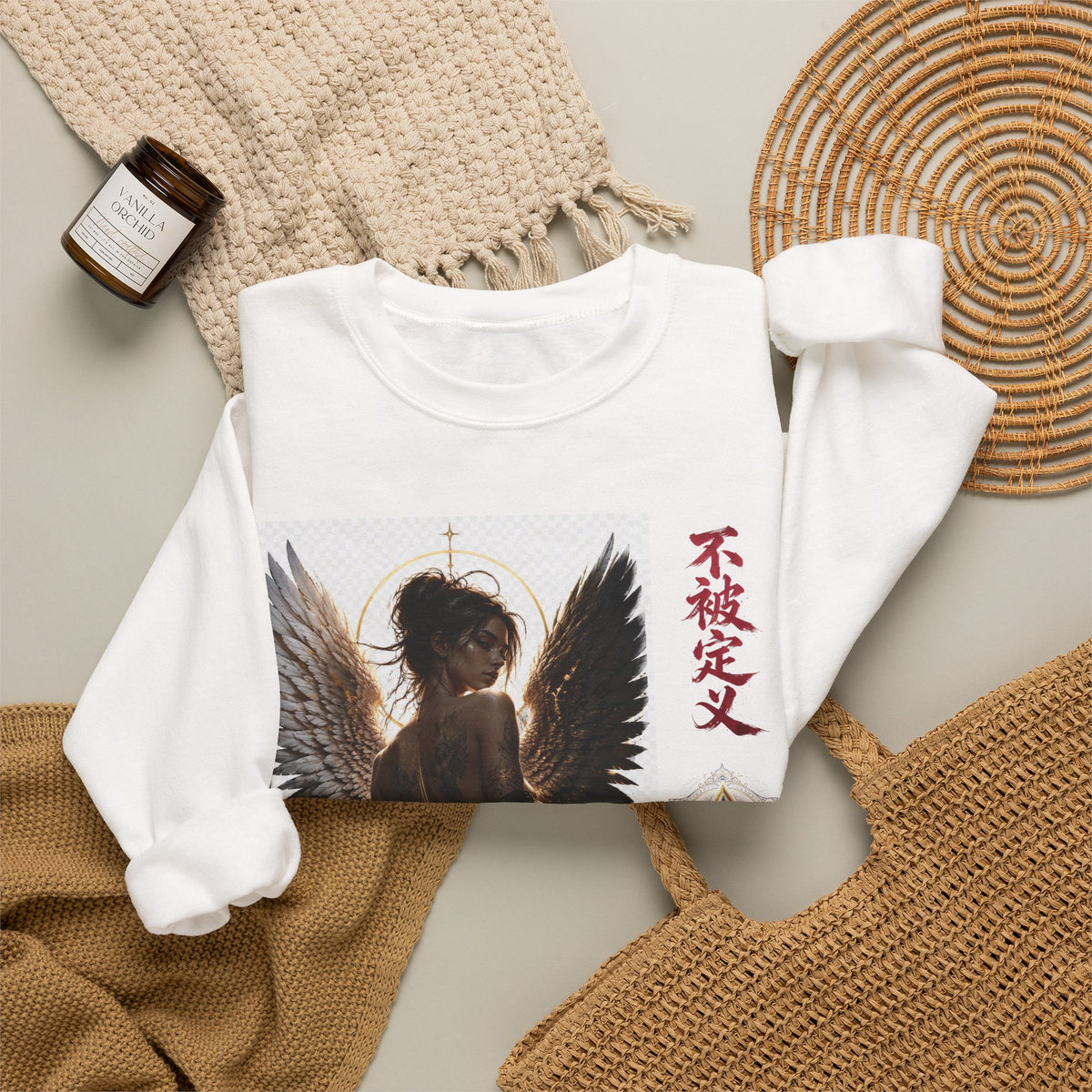 Angel Wings Graphic Sweatshirt — Dark Gothic Anime Design with Japanese Text