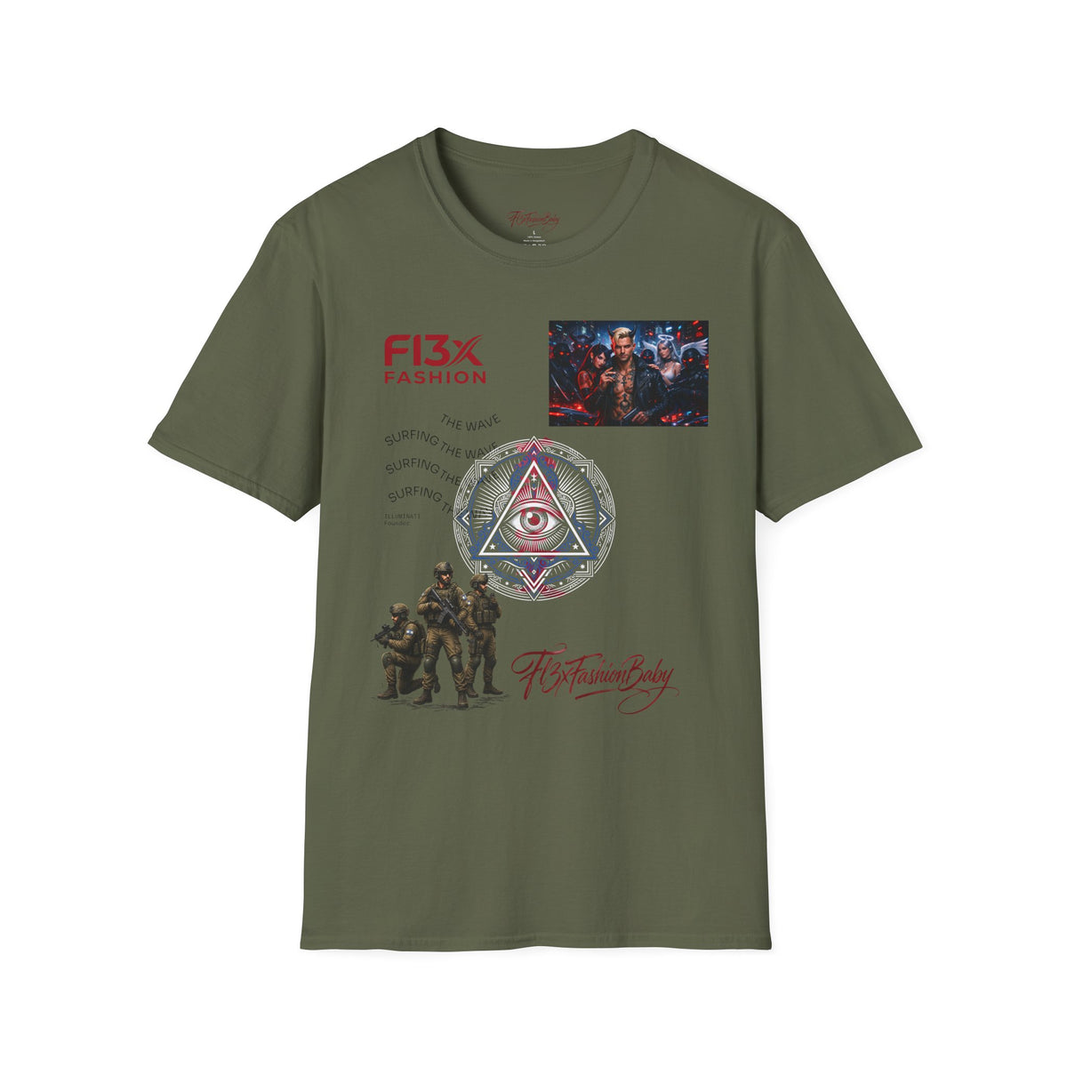 Graphic T-Shirt — F13X Fashion Collage Tee (Surfing Wave & Retro Crew)