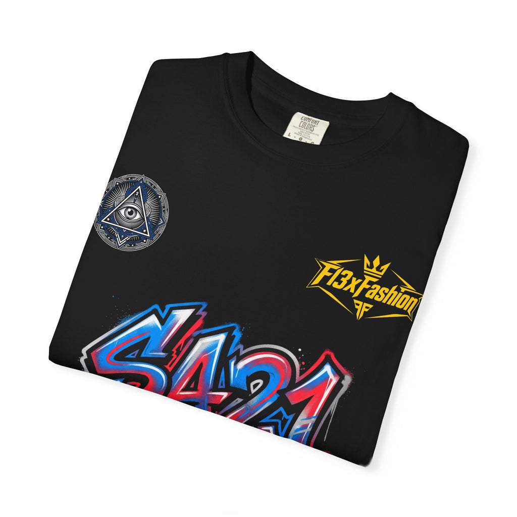SA21 Graffiti T-Shirt — Urban Streetwear Tee with Drip Art & Tropical Patch