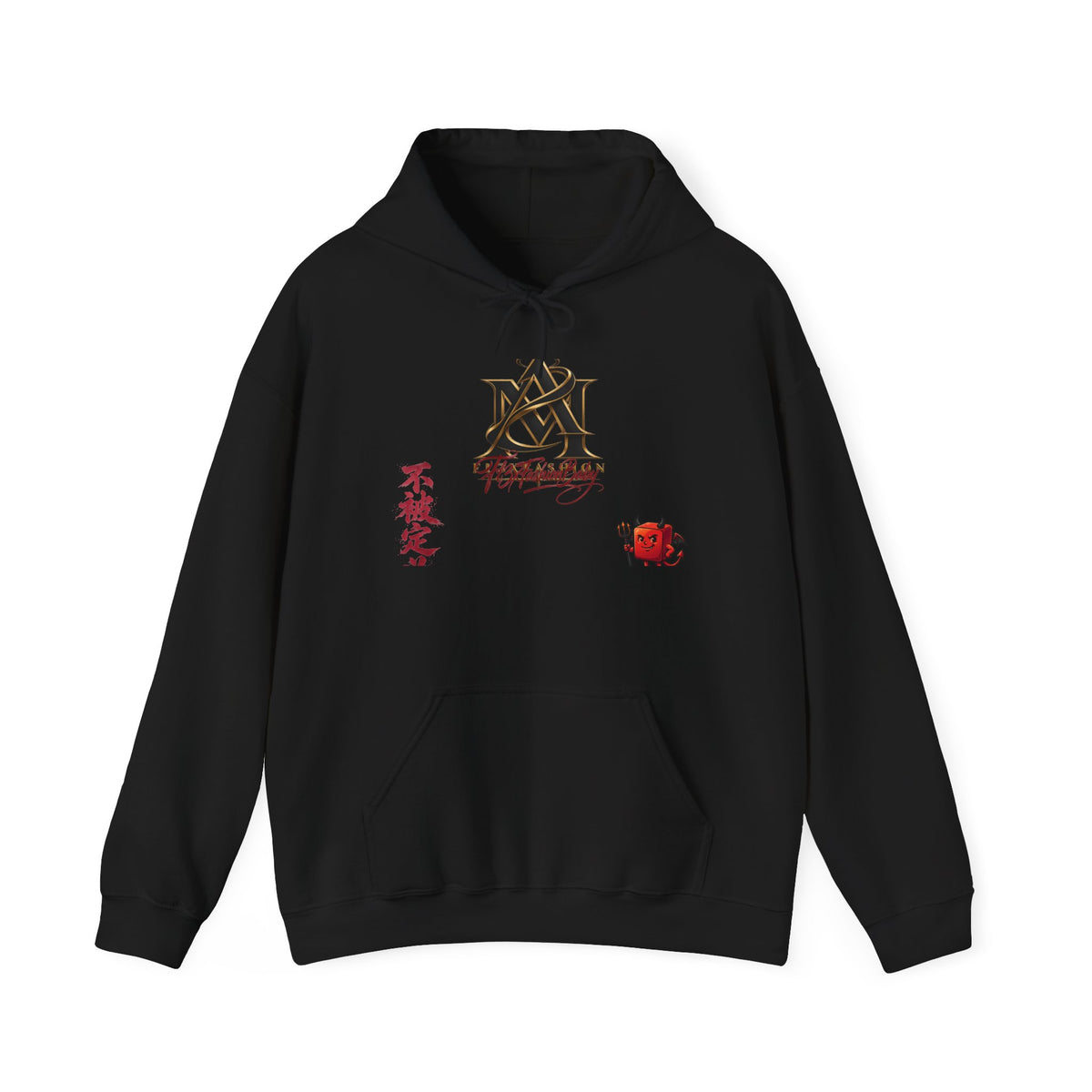 Japanese Calligraphy Logo Hoodie — Kanji "不撓不屈" Design with Red Rose Accent