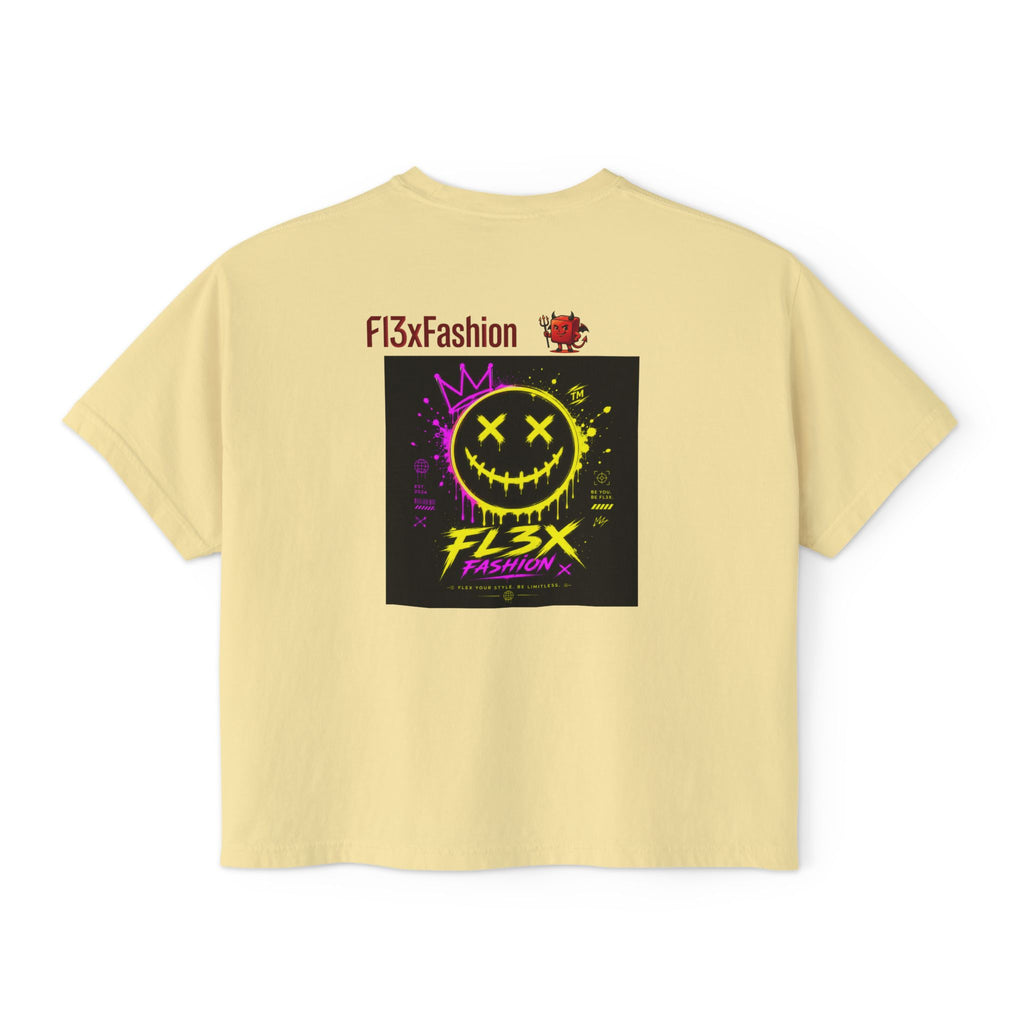 Women's Boxy Tee - Neon Smiley "FL3X" Graphic Streetwear