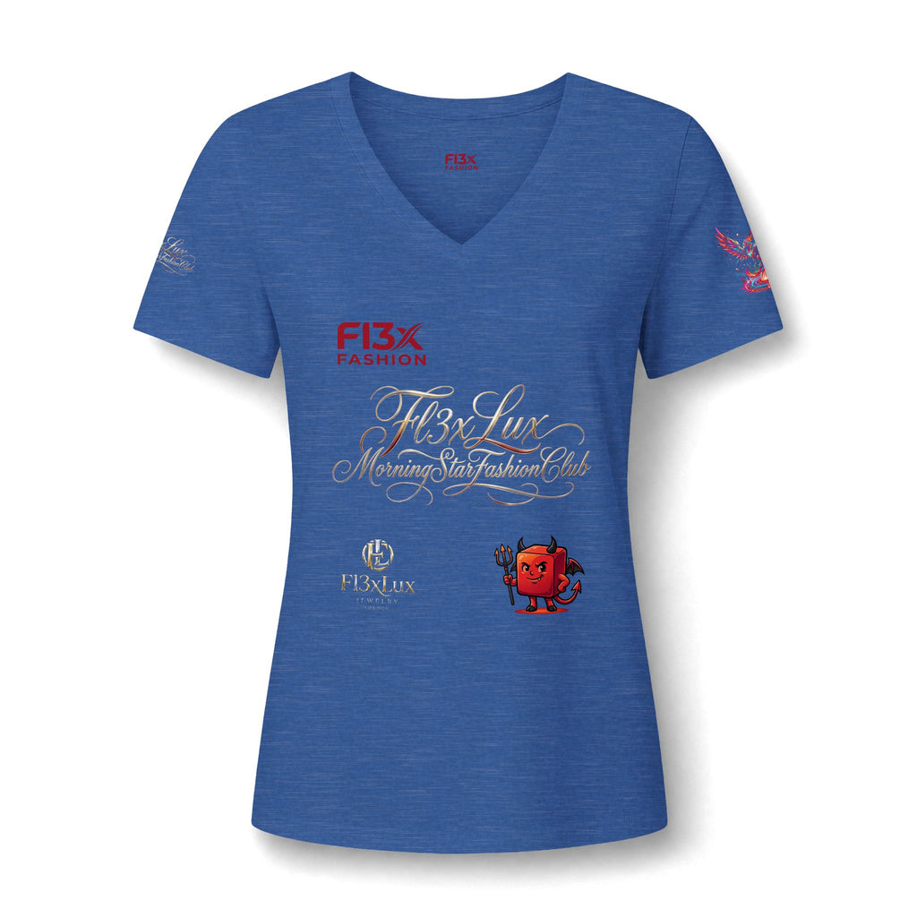 Women's V-Neck Tee — 'F13x Fashion' Floral Logo & Devil Graphic