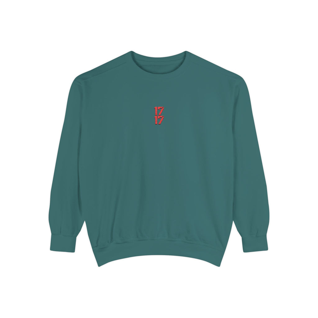 Sweatshirt — Minimal Red "17/17" Chest Logo Garment-Dyed Crew