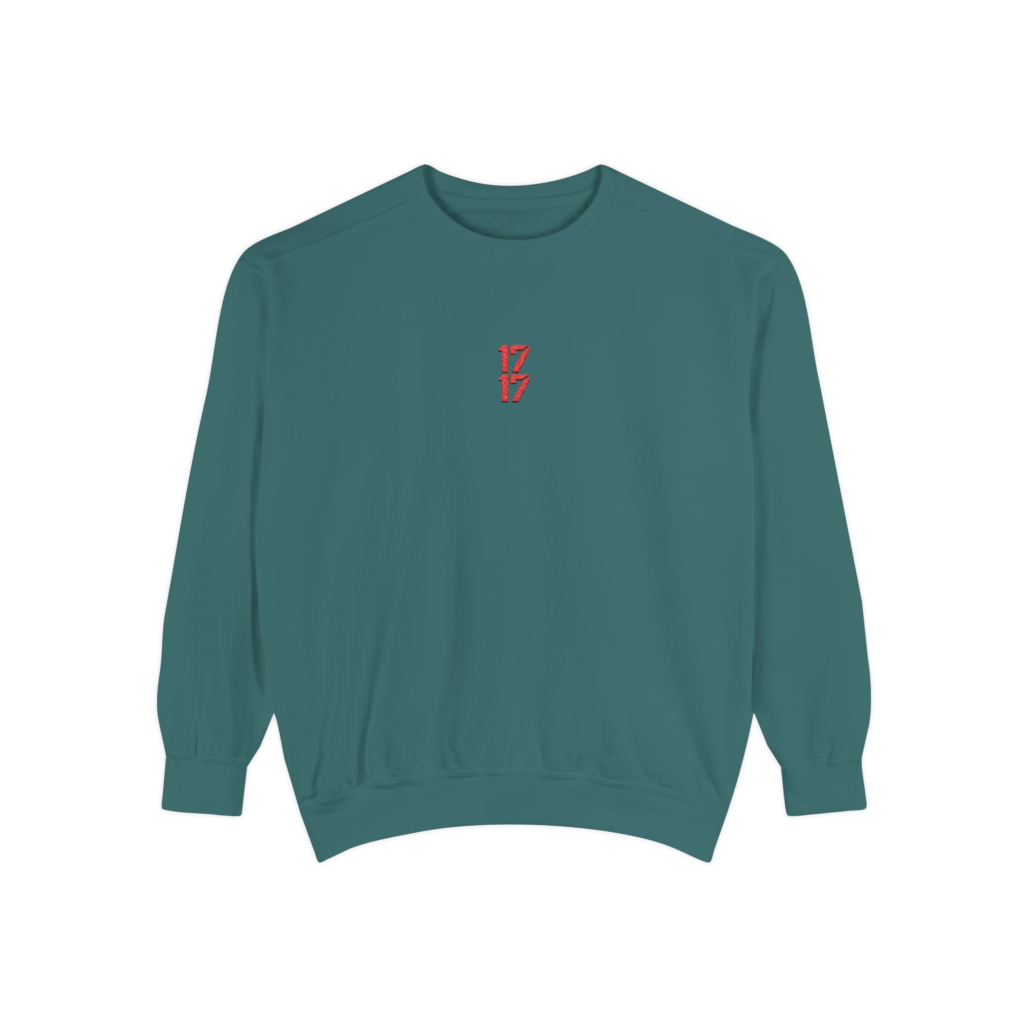 Sweatshirt — Minimal Red "17/17" Chest Logo Garment-Dyed Crew