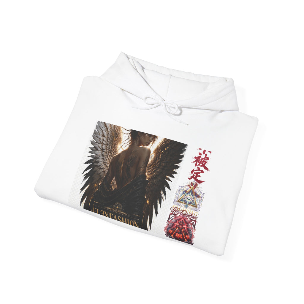 Angel Wings Graphic Hoodie — Dark Fantasy Japanese Script Design