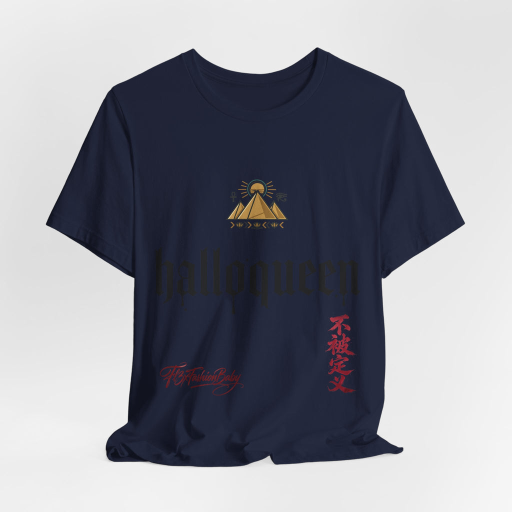 Halloqueen Graphic Tee — Gothic Script Halloween T‑Shirt with Pyramid & Asian Calligraphy