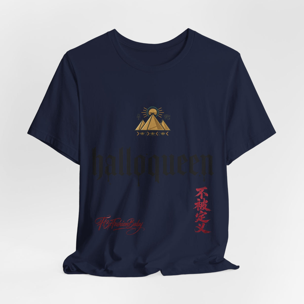 Halloqueen Graphic Tee — Gothic Script Halloween T‑Shirt with Pyramid & Asian Calligraphy
