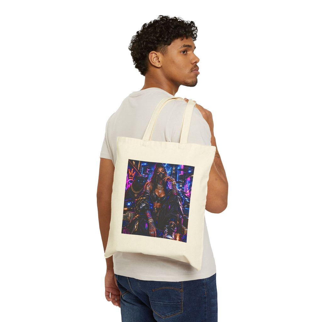 Cyberpunk Nightlife Tote Bag — Neon City Rider Canvas Tote