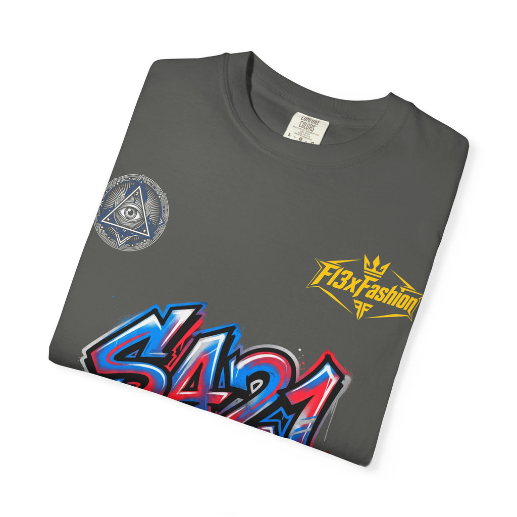 SA21 Graffiti T-Shirt — Urban Streetwear Tee with Drip Art & Tropical Patch